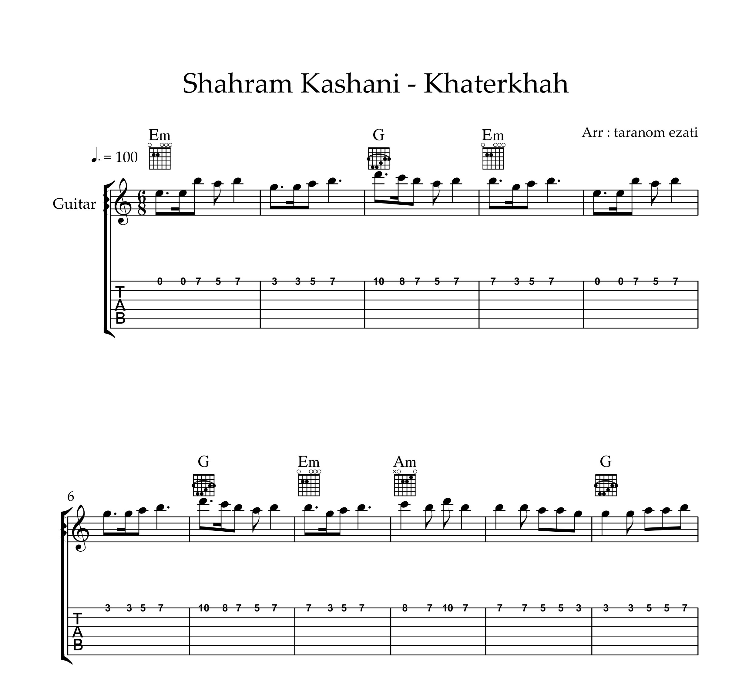 نت گیتار خاطر خواه شهرام کاشانی به همراه تبلچر و آکورد