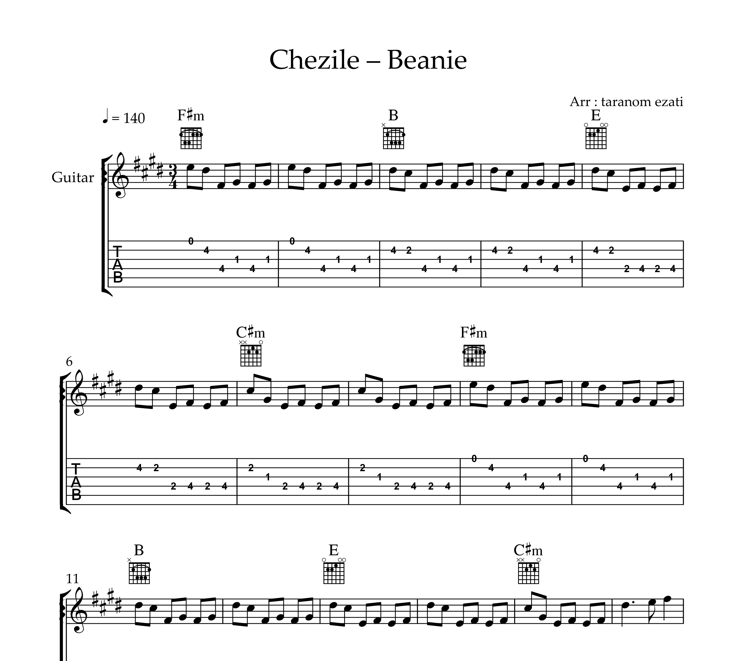 نت گیتار Beanie از Chezile به همراه تبلچر و آکورد