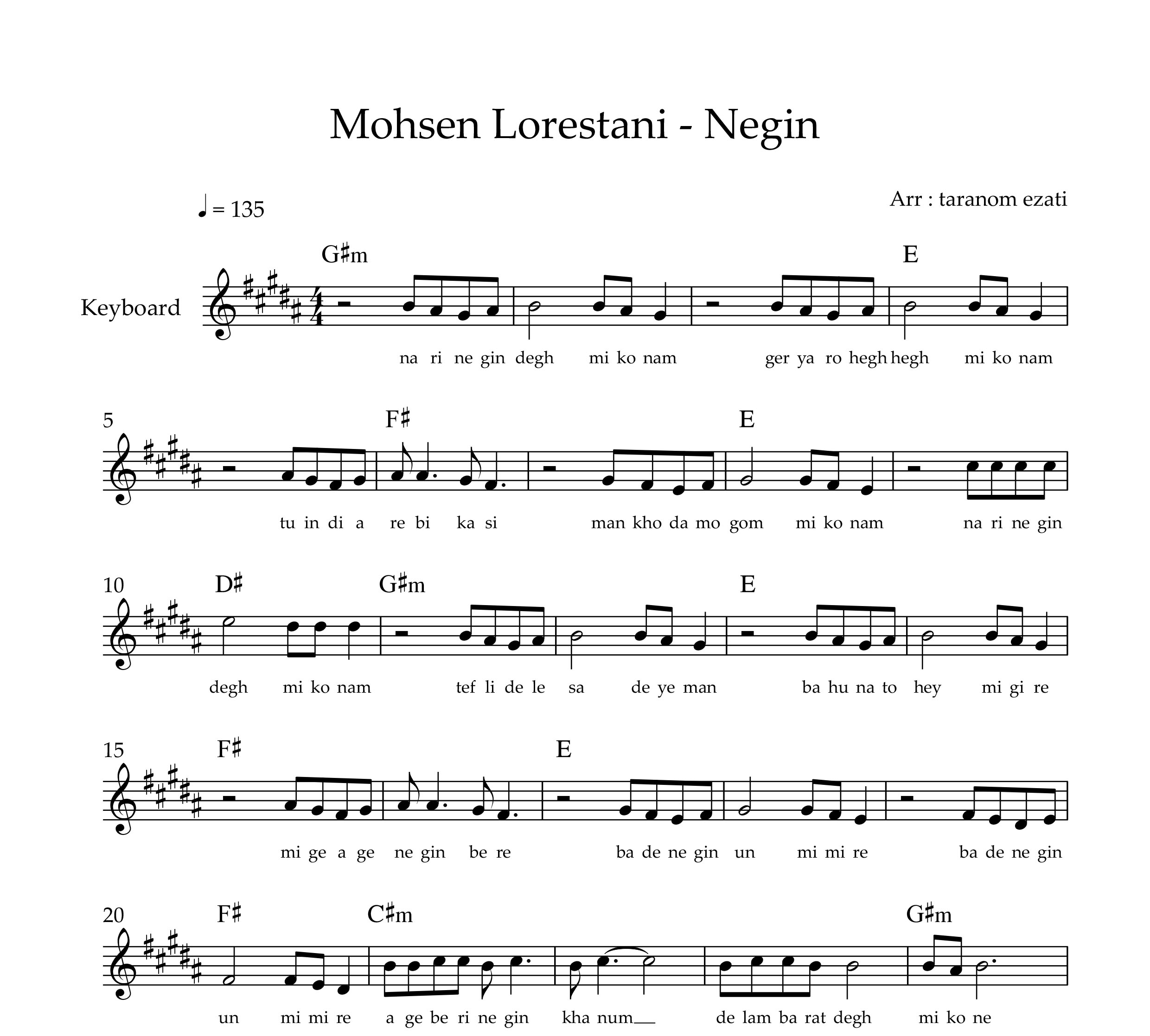 نت کیبورد نگین محسن لرستانی به همراه آکورد