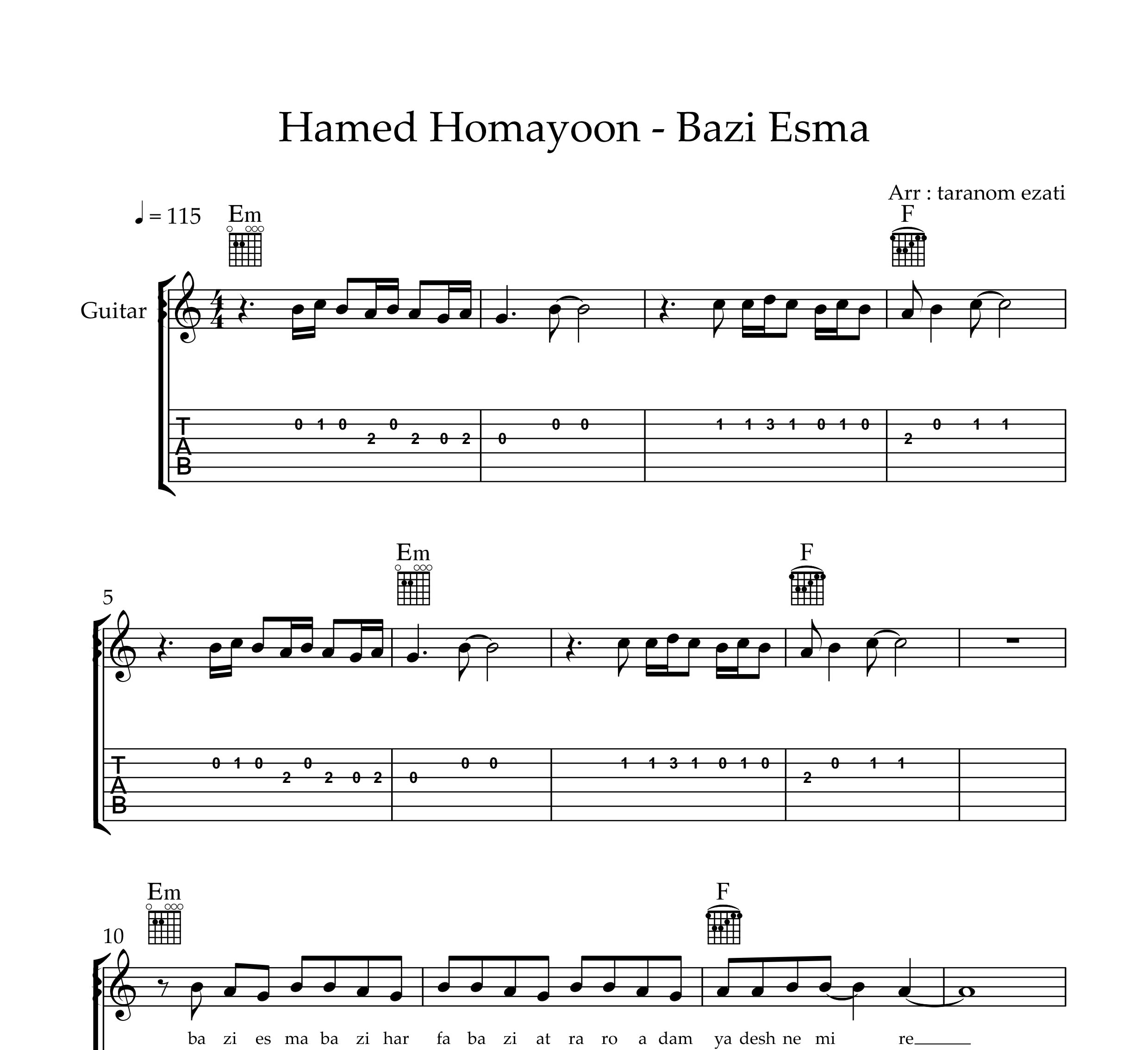 نت گیتار بعضی اسما حامد همایون به همراه تبلچر و آکورد