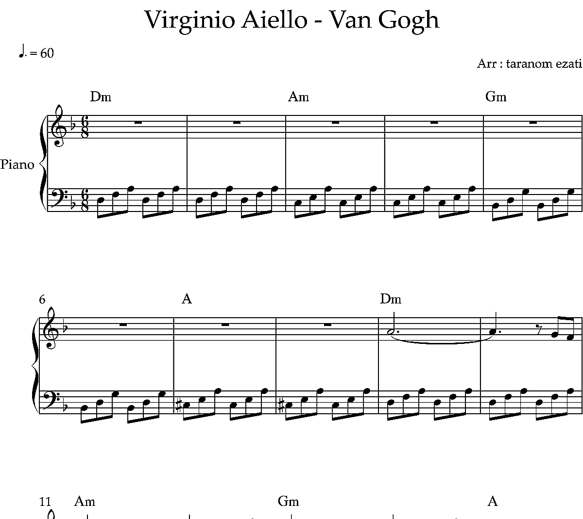 نت پیانو Van Gogh ونگوگ Virginio Aiello
