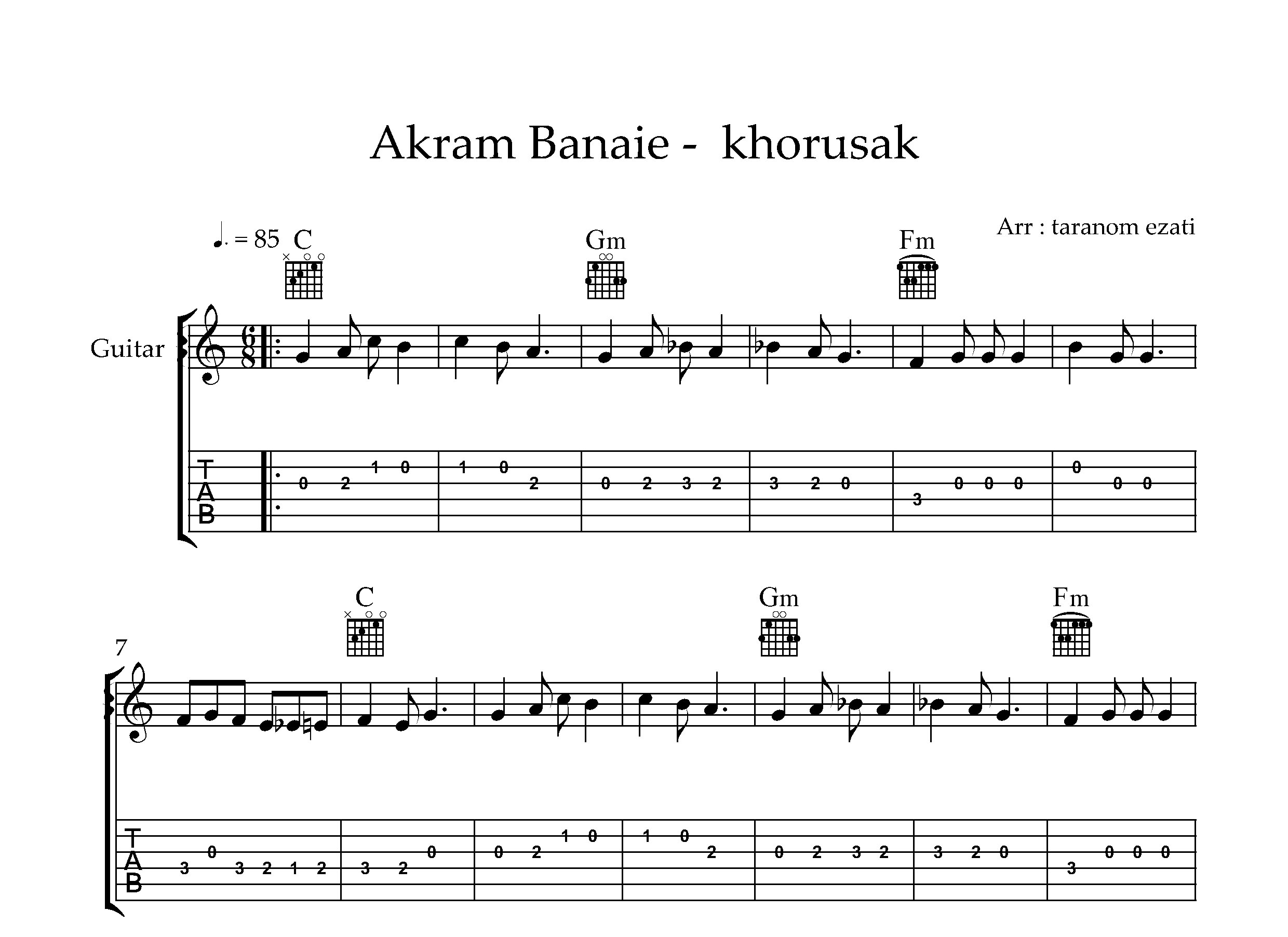 نت گیتار خروسک اکرم بنایی به همراه تبلچر و آکورد