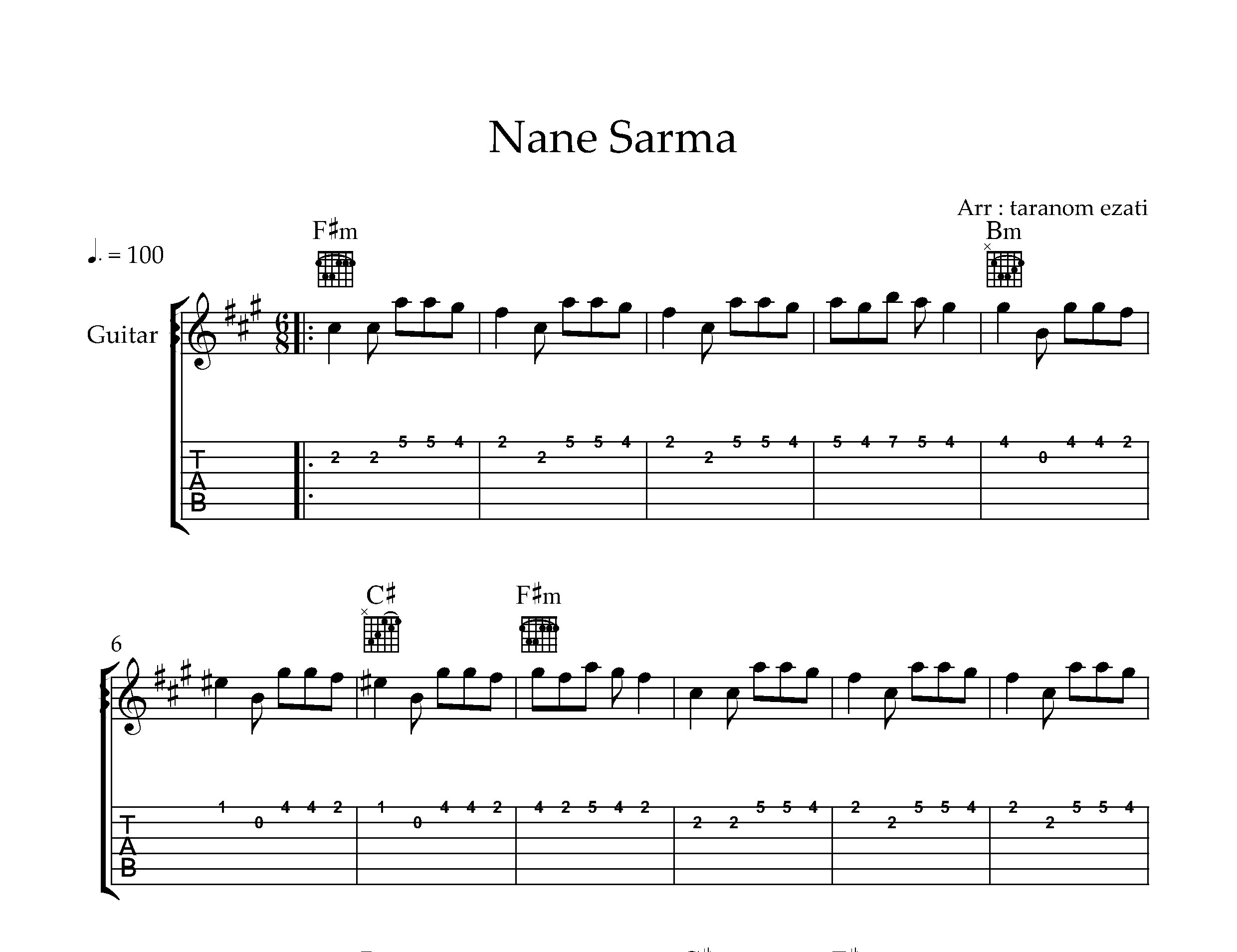 نت گیتار ننه سرما به همراه تبلچر و آکورد