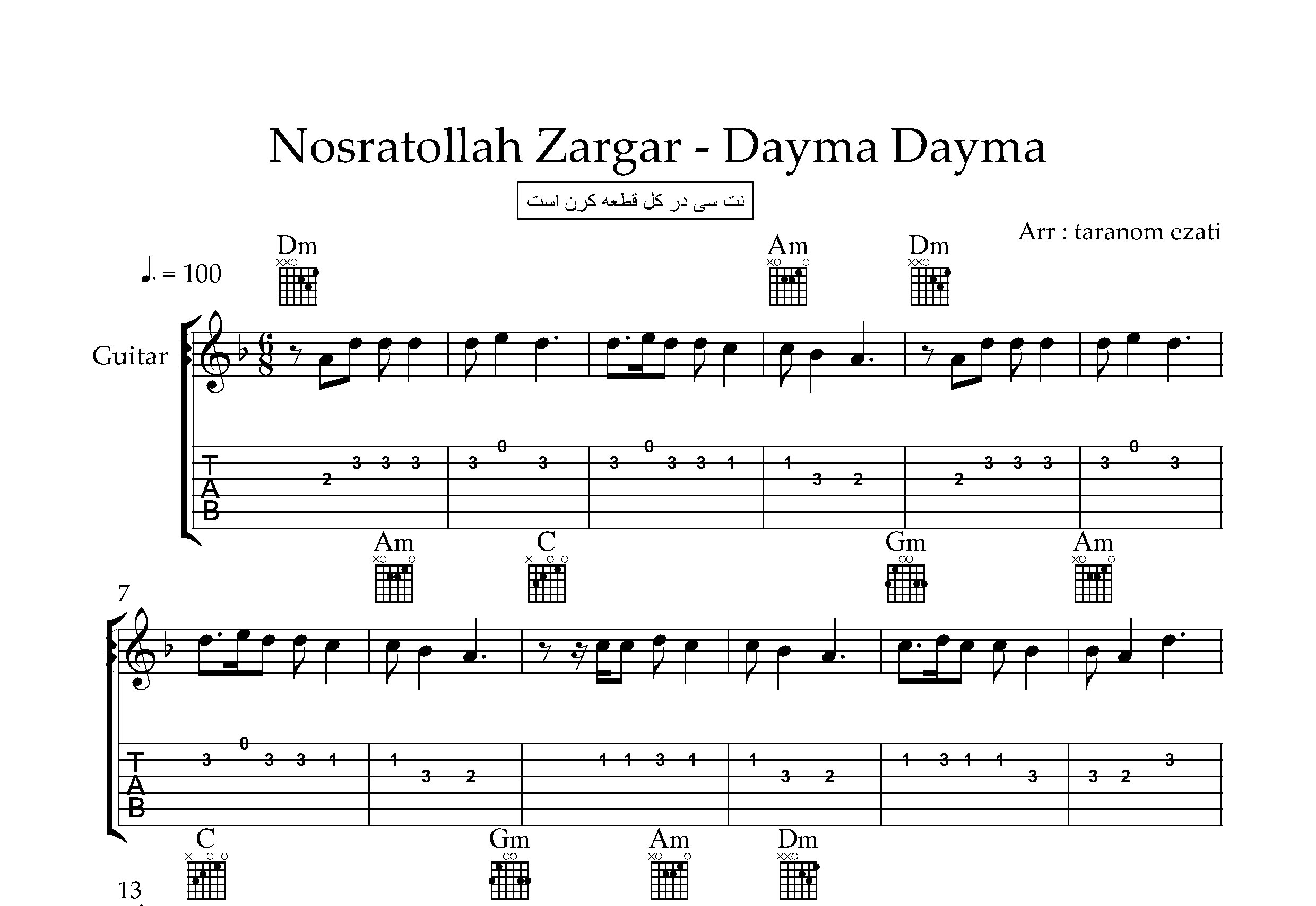 نت گیتار دیمه دیمه نصرت الله زرگر به همراه تبلچر و آکورد