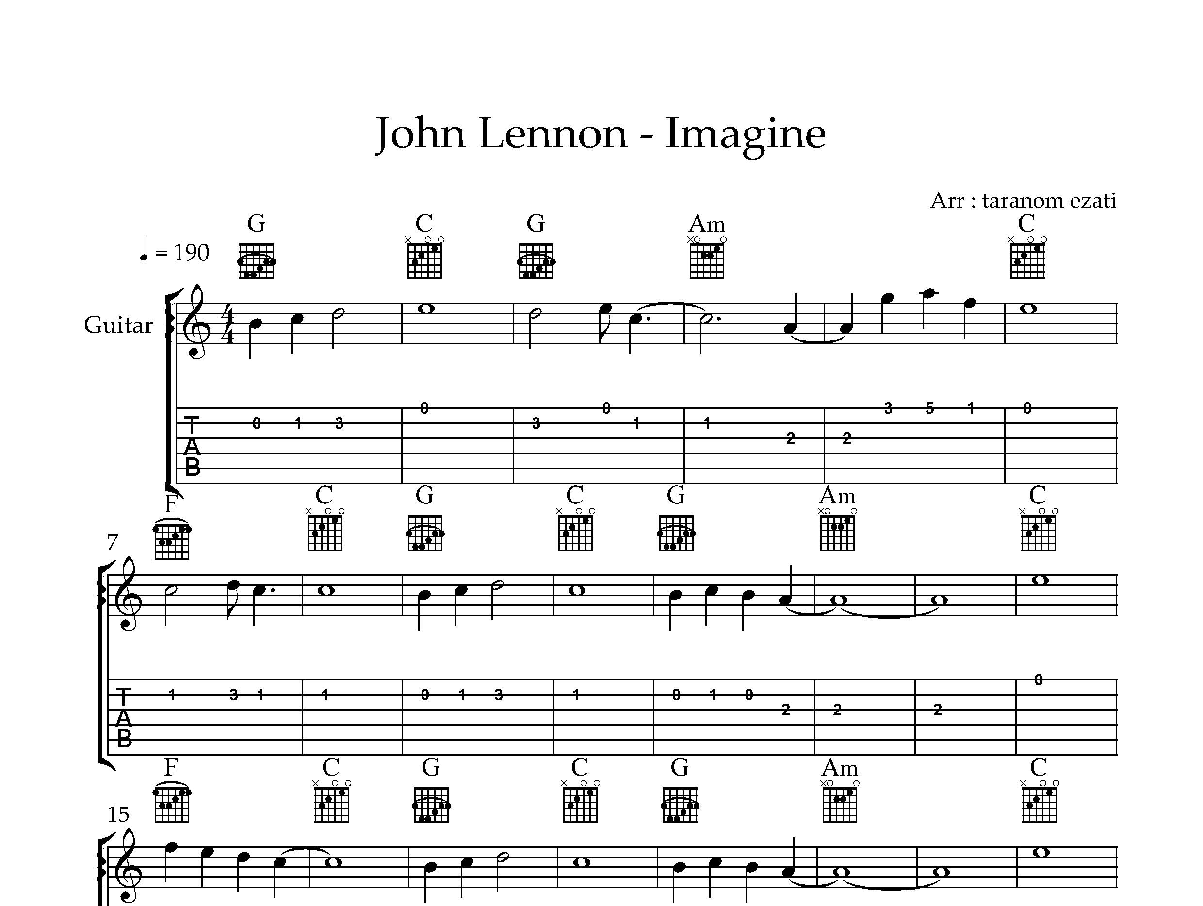 نت گیتار Imagine از John Lennon به همراه تبلچر و آکورد
