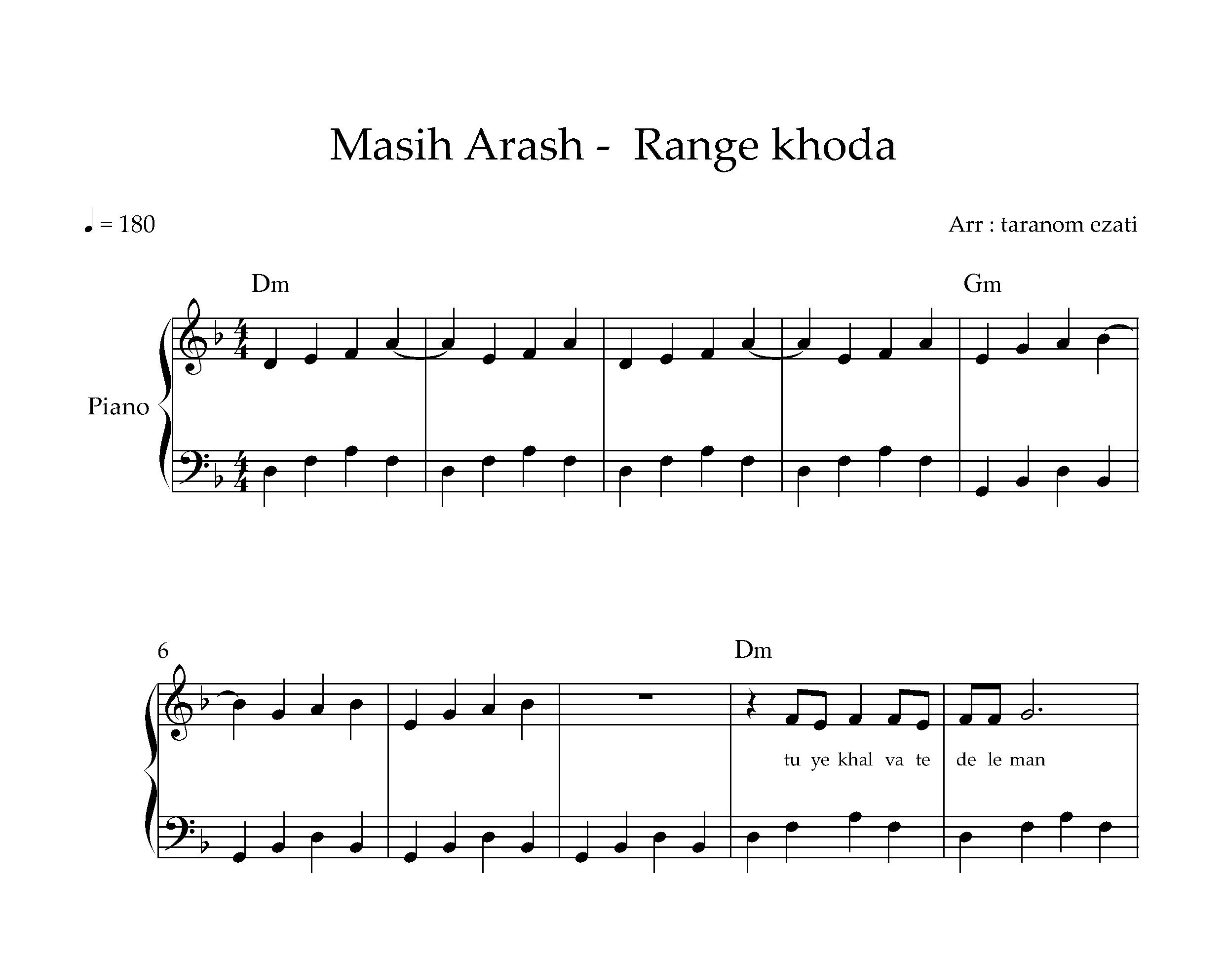 نت پیانو رنگ خدا مسیح و آرش