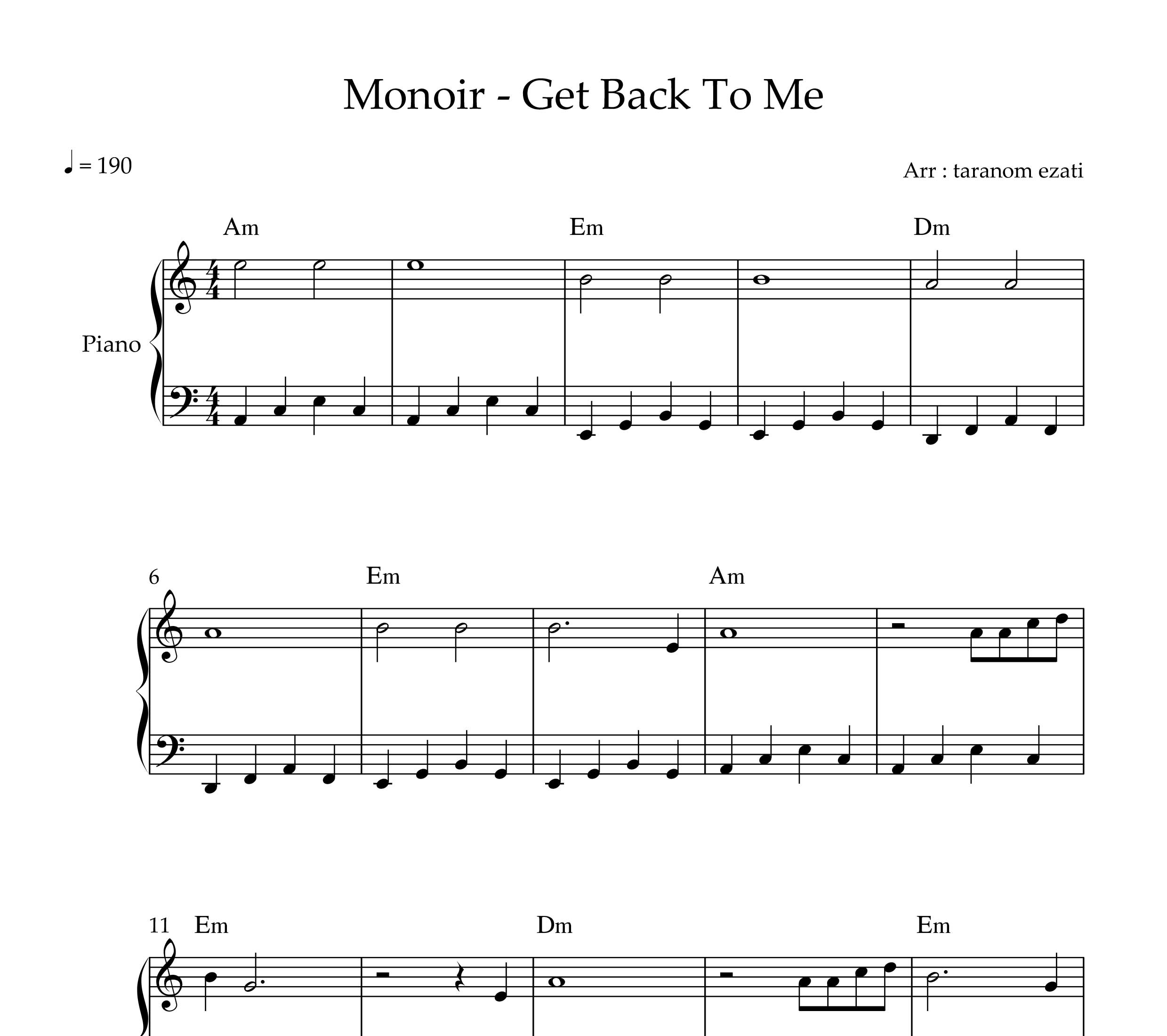 نت پیانو get back to me از monoir
