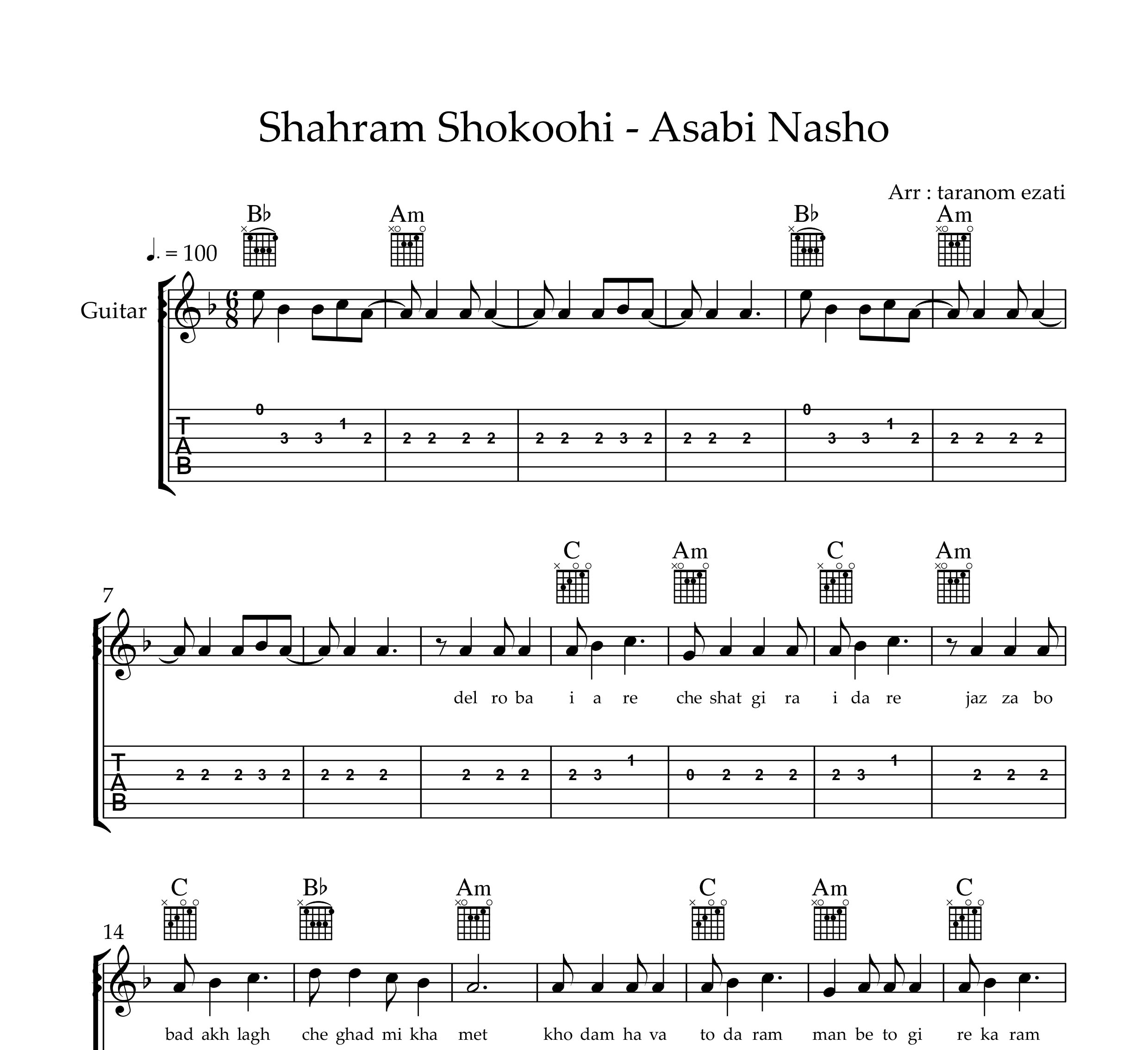 نت گیتار عصبی نشو شهرام شکوهی به همراه تبلچر و آکورد