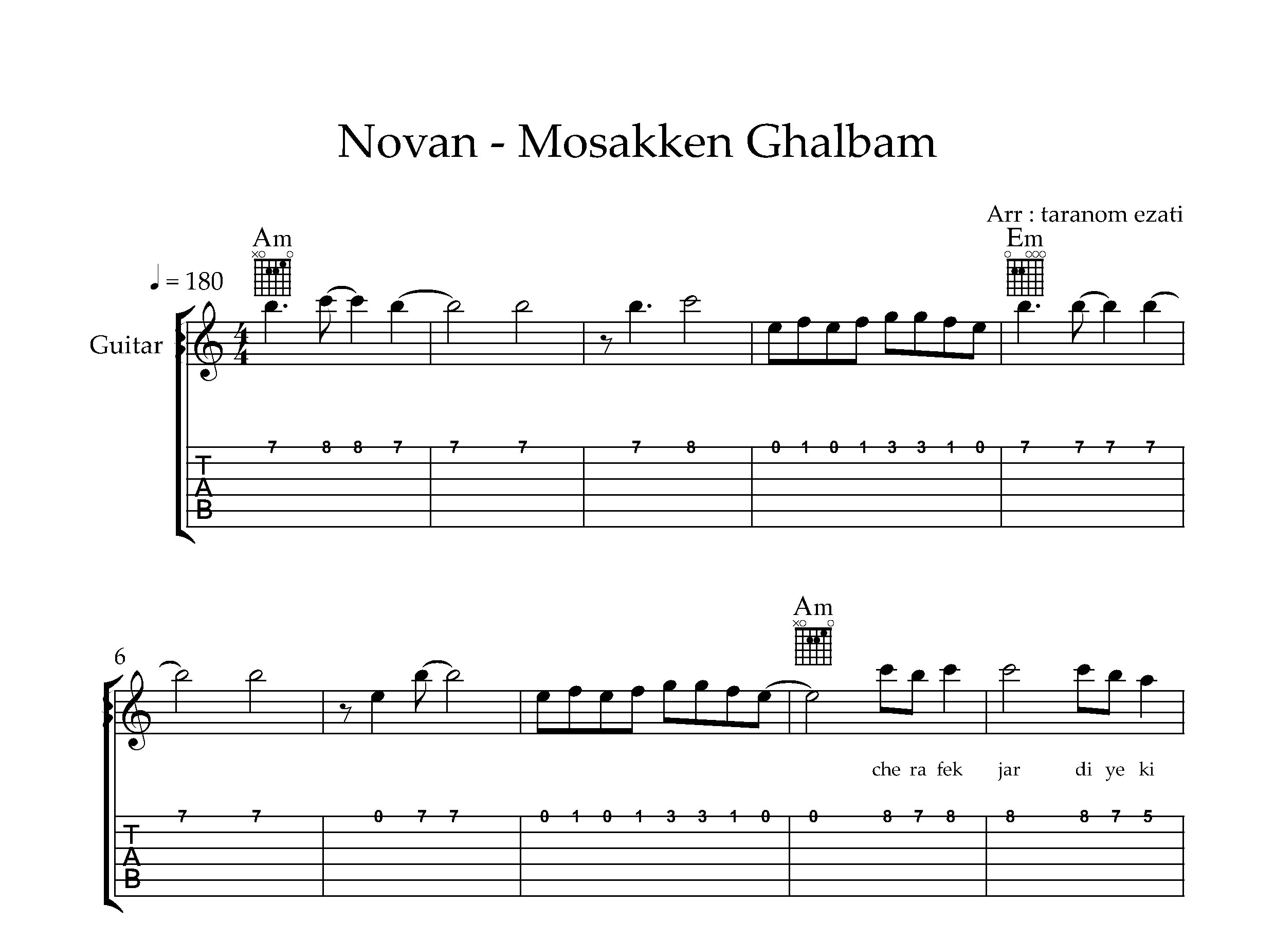 نت گیتار پیدا نوان به همراه تبلچر و آکورد