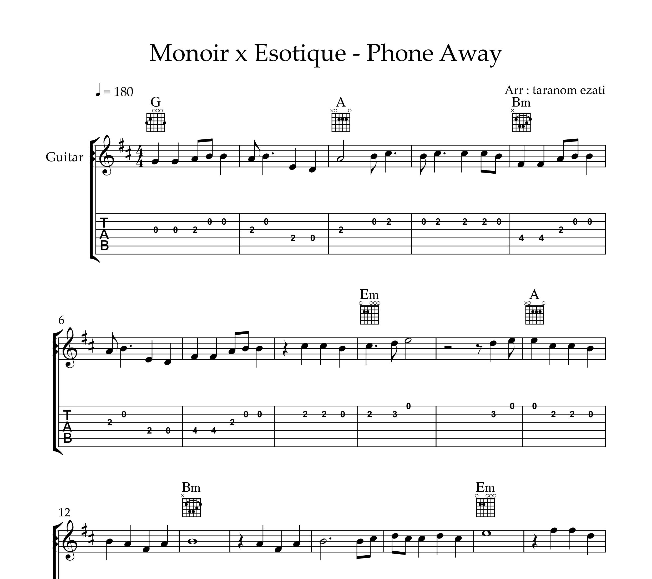 نت گیتار phone away از monoir x esotique به همراه تبلچر و آکورد