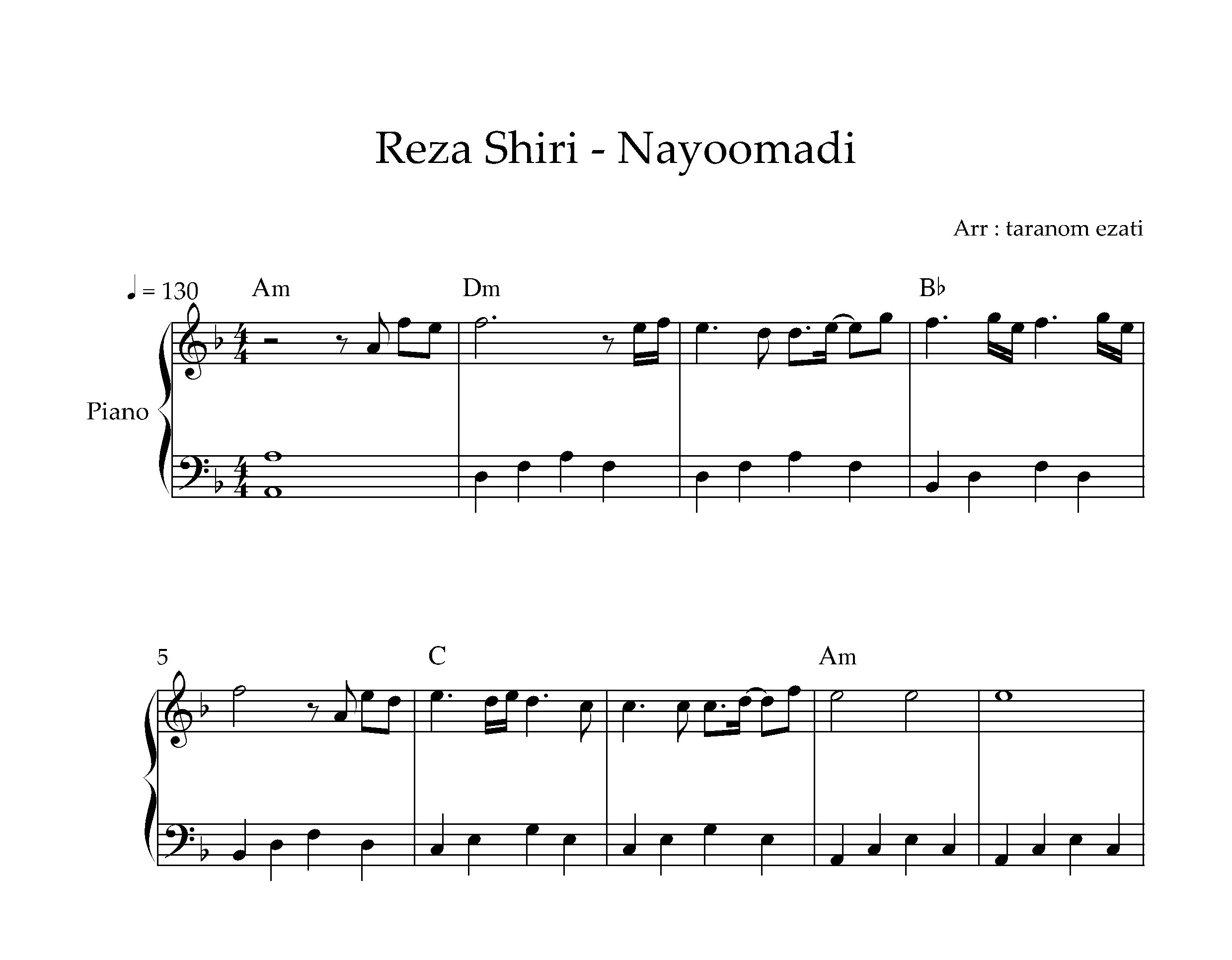 نت پیانو نیومدی رضا شیری