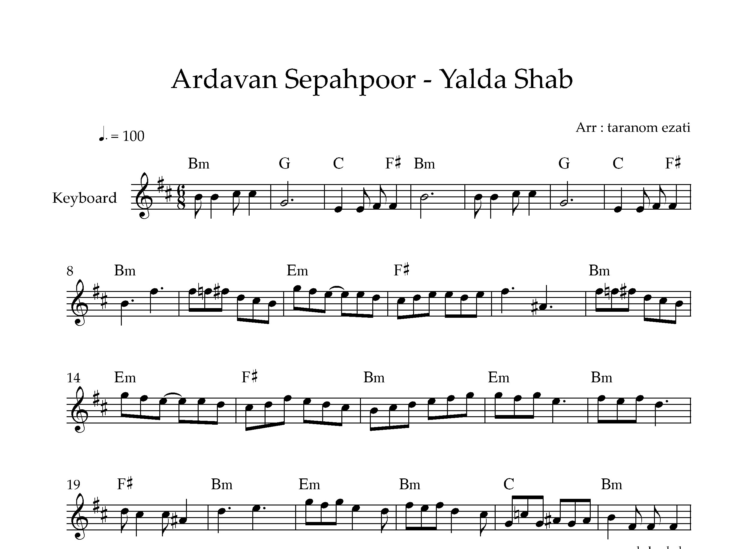 نت کیبورد یلدا شب اردوان سپه پور به همراه آکورد