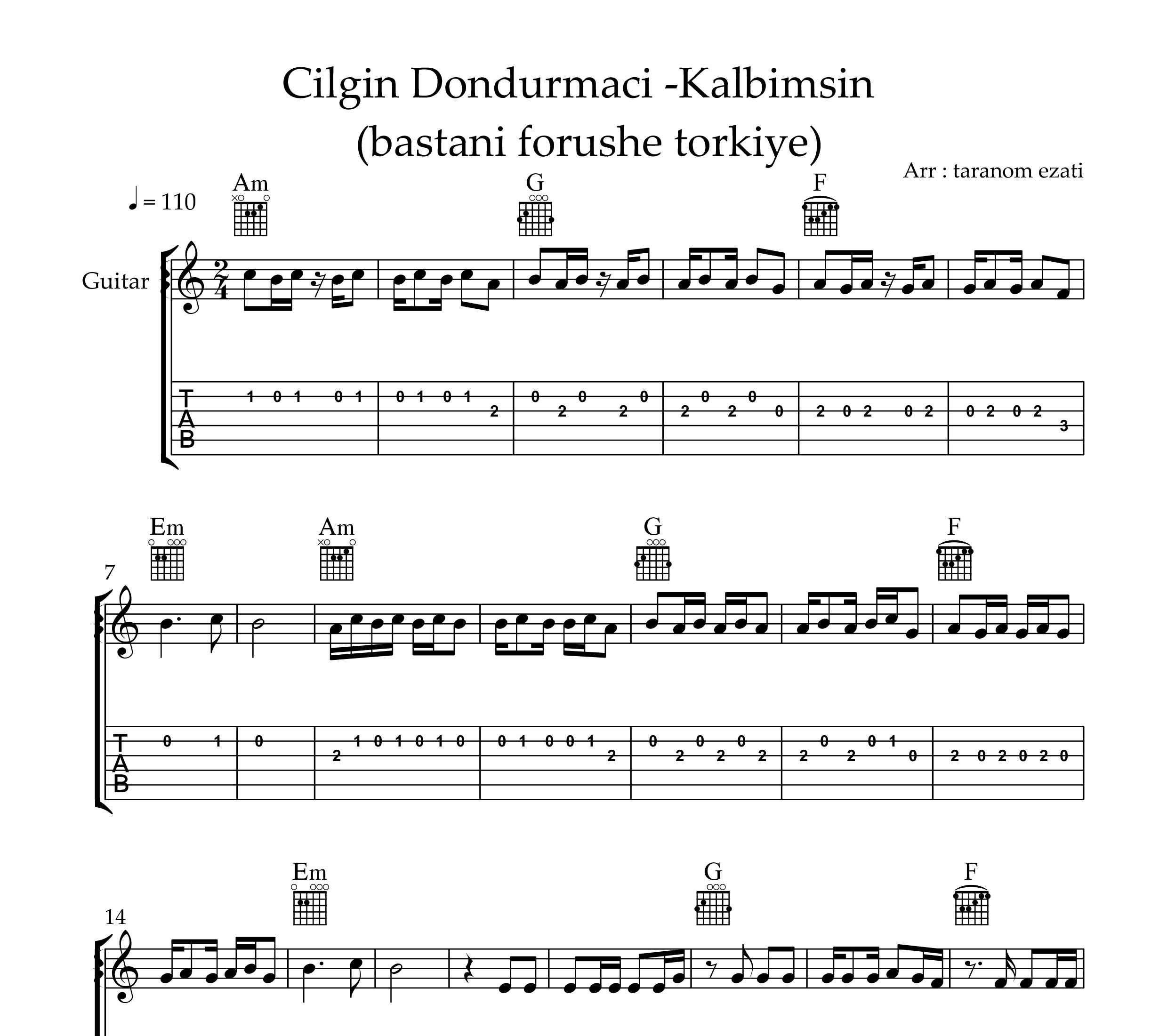 نت گیتار انتی قلبی قلبی kalbimsin از Cilgin dondurmaci به همراه تبلچر و آکورد