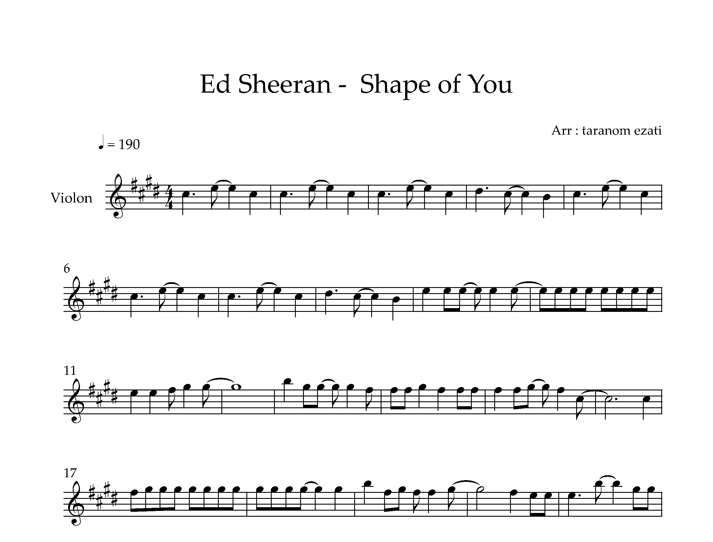 نت ویولن Shape of You از Ed Sheeran