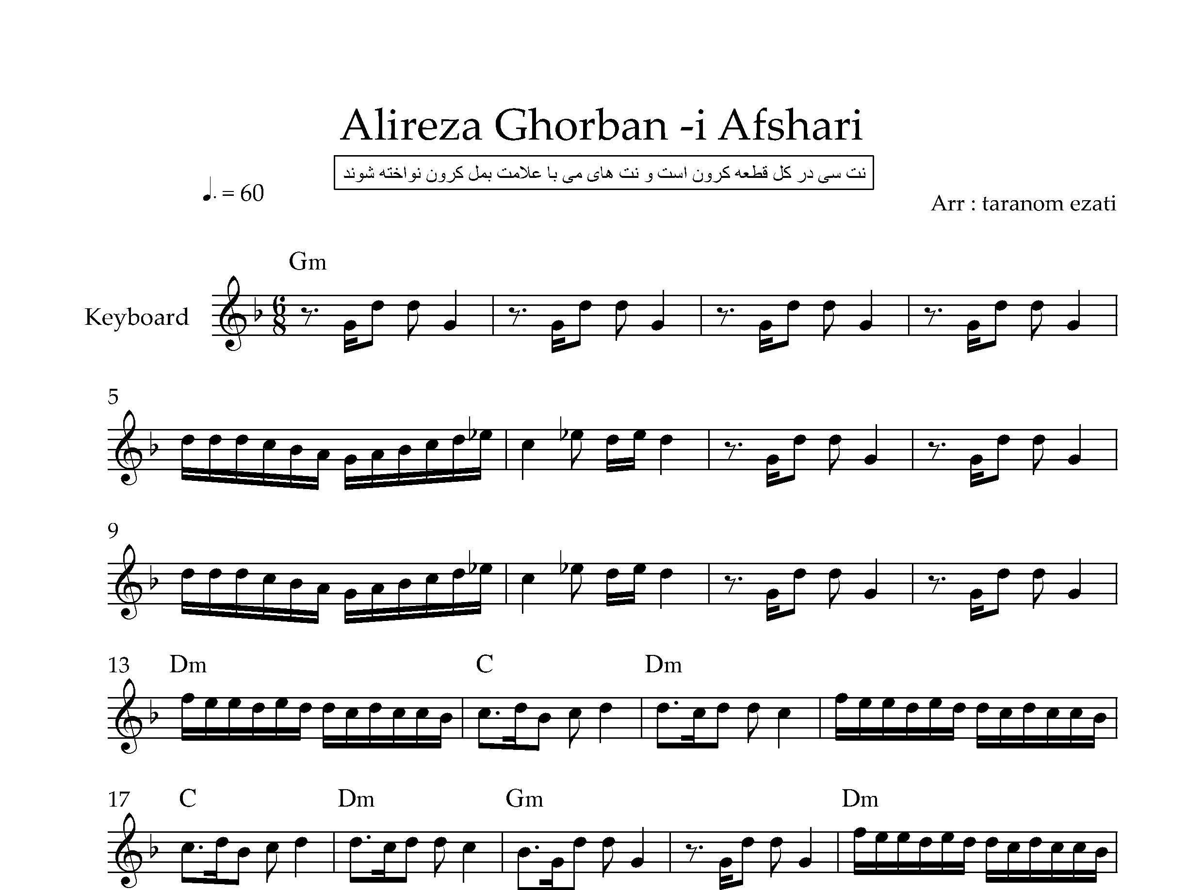 نت کیبورد افشاری علیرضا قربانی به همراه آکورد