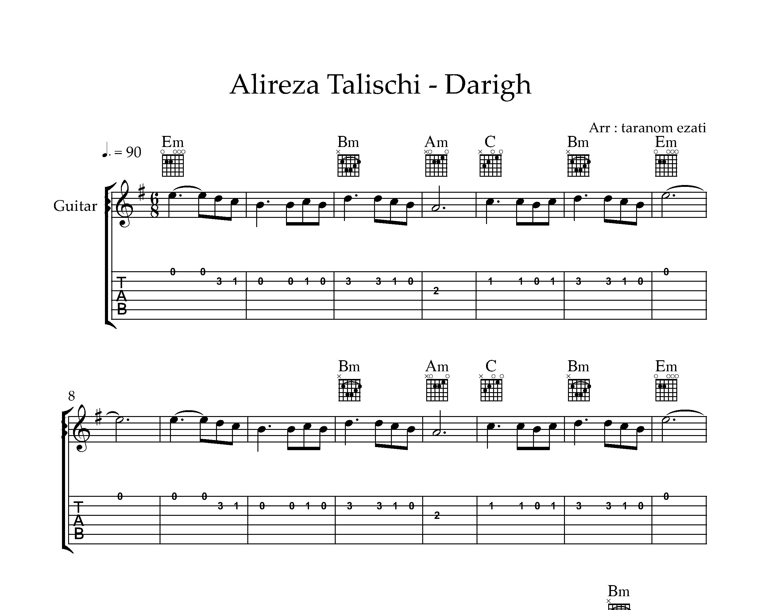 نت گیتار دریغ علیرضا طلیسچی به همراه تبلچر و آکورد