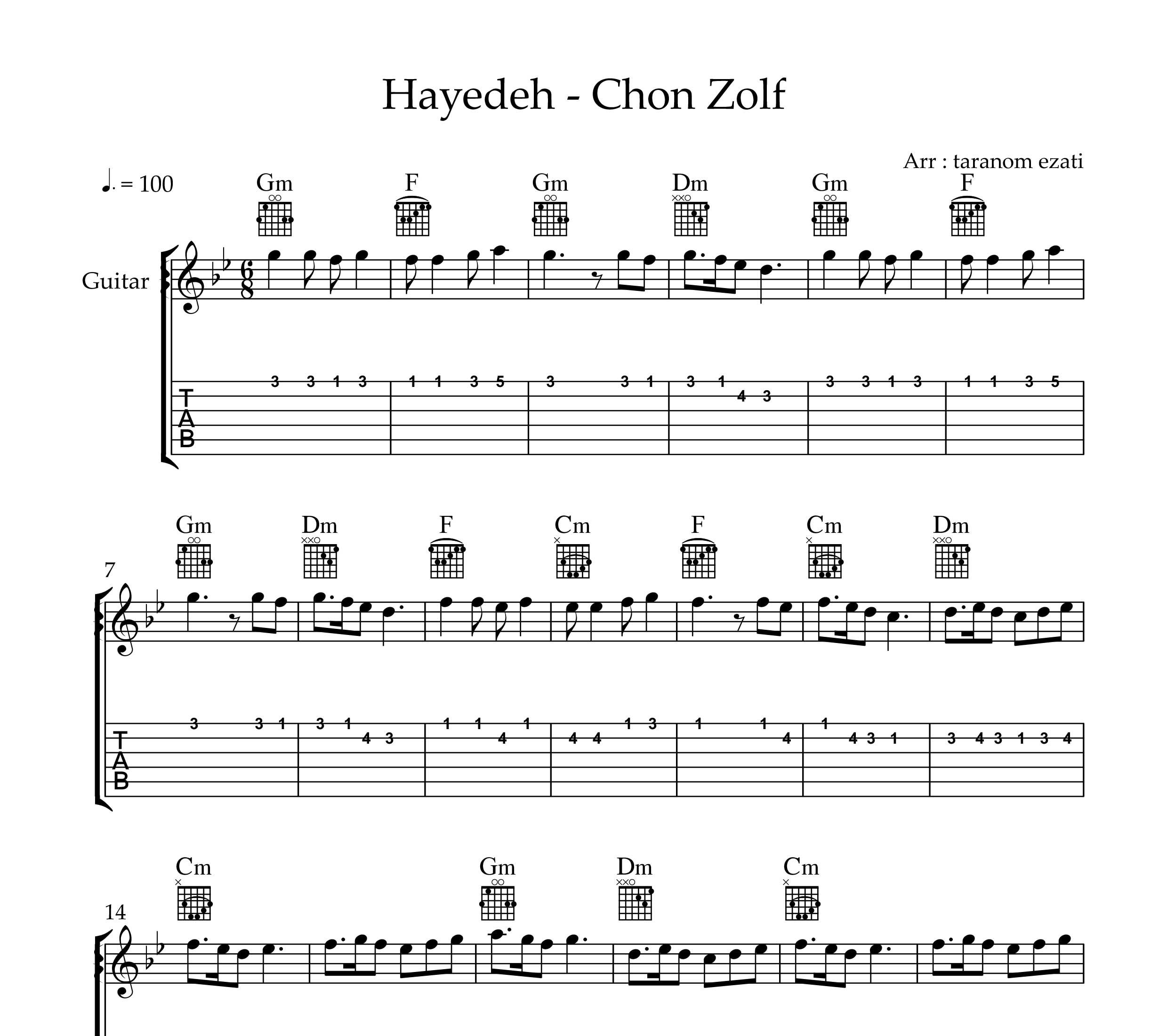 نت گیتار چین زلف هایده به همراه تبلچر و آکورد