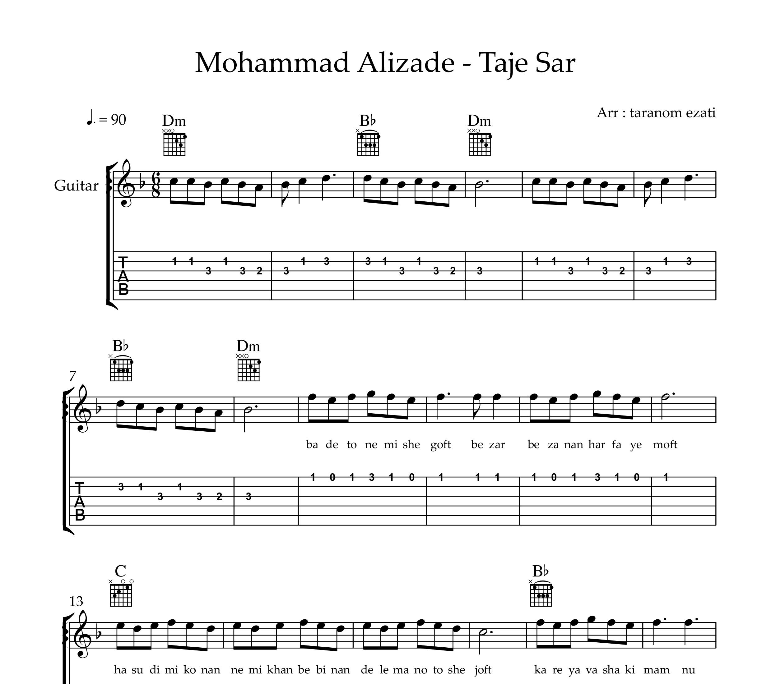 نت گیتار تاج سر محمد علیزاده به همراه تبلچر و آکورد