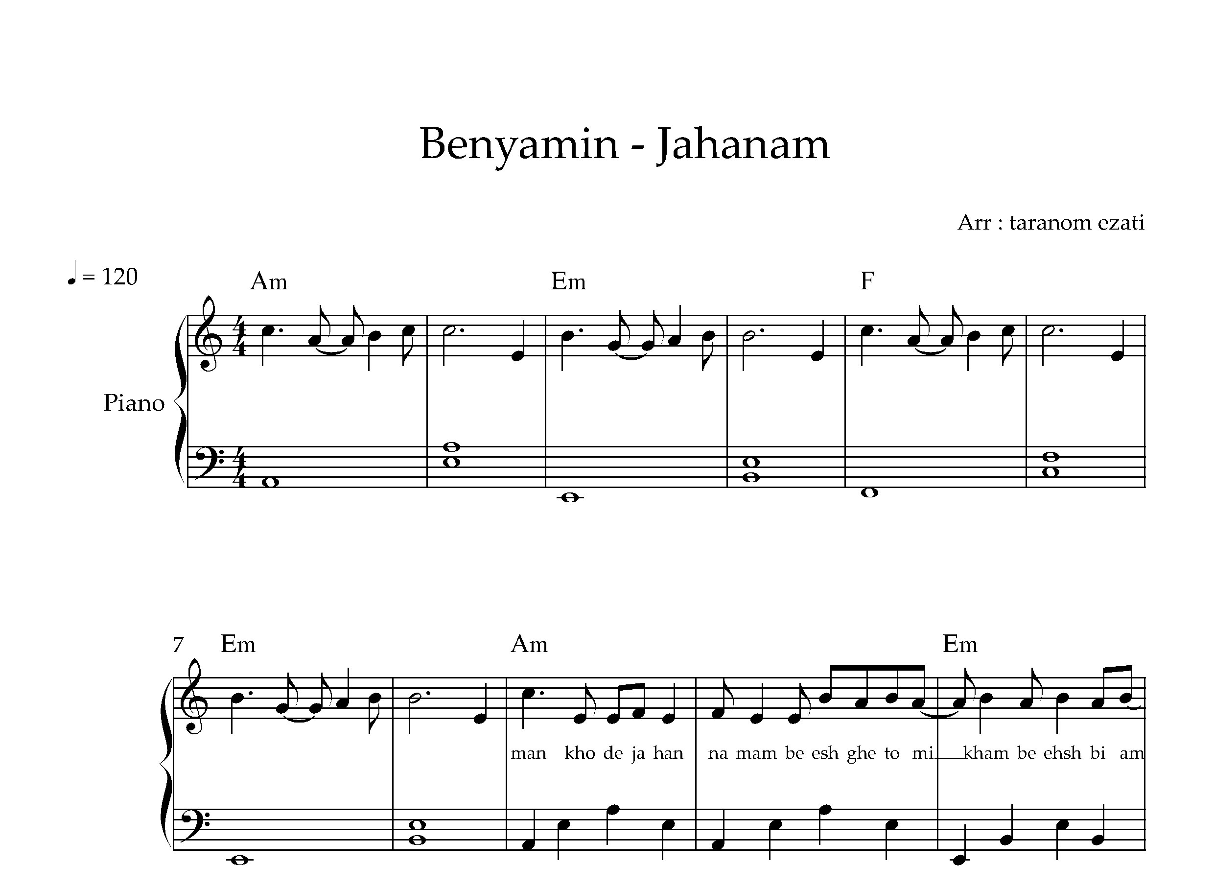 نت پیانو جهنم بنیامین بهادری