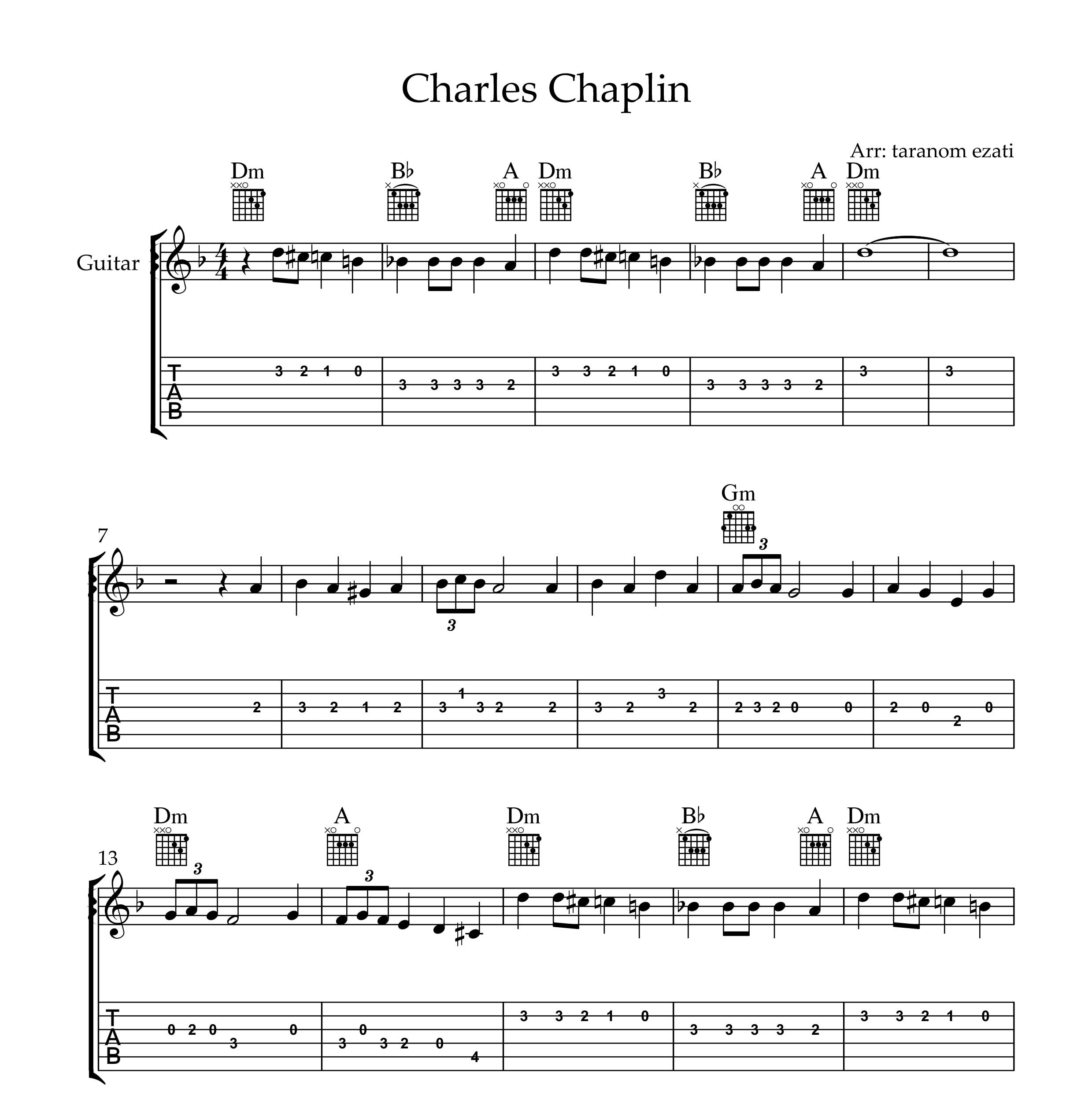 نت آهنگ چارلی چاپلین برای گیتار به همراه تبلچر و آکورد