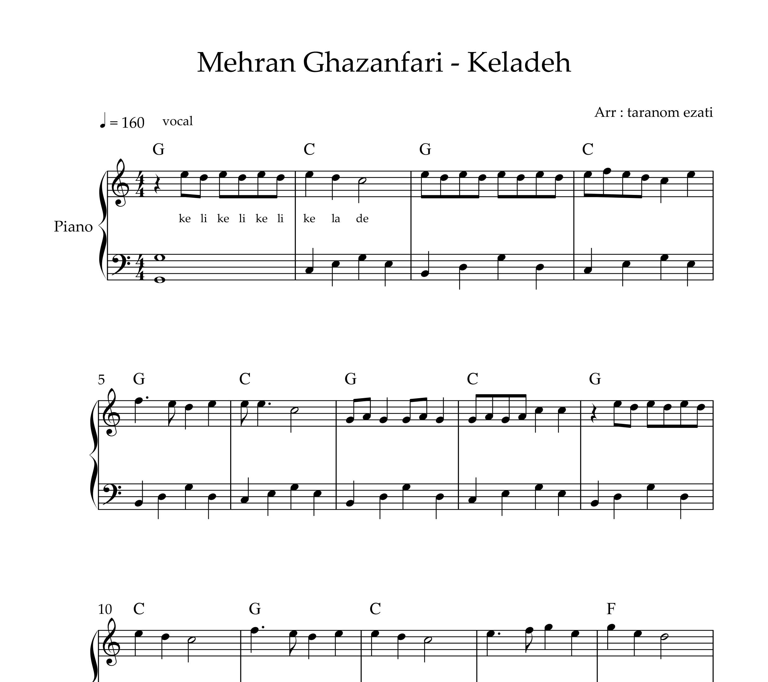 نت پیانو کئلاده مهران غضنفری