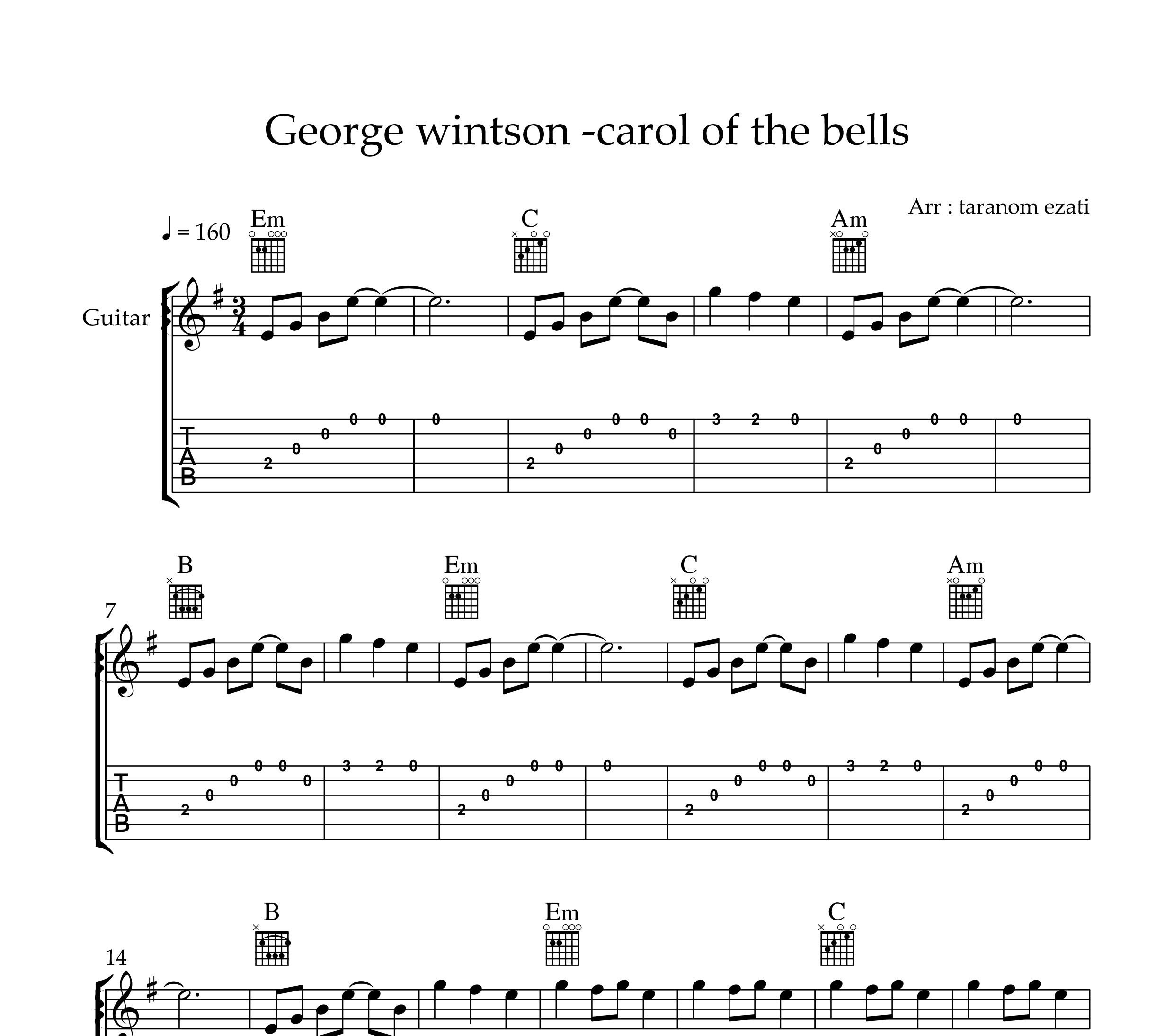 نت گیتار carol of the bells از جرج وینستون به همراه تبلچر و آکورد