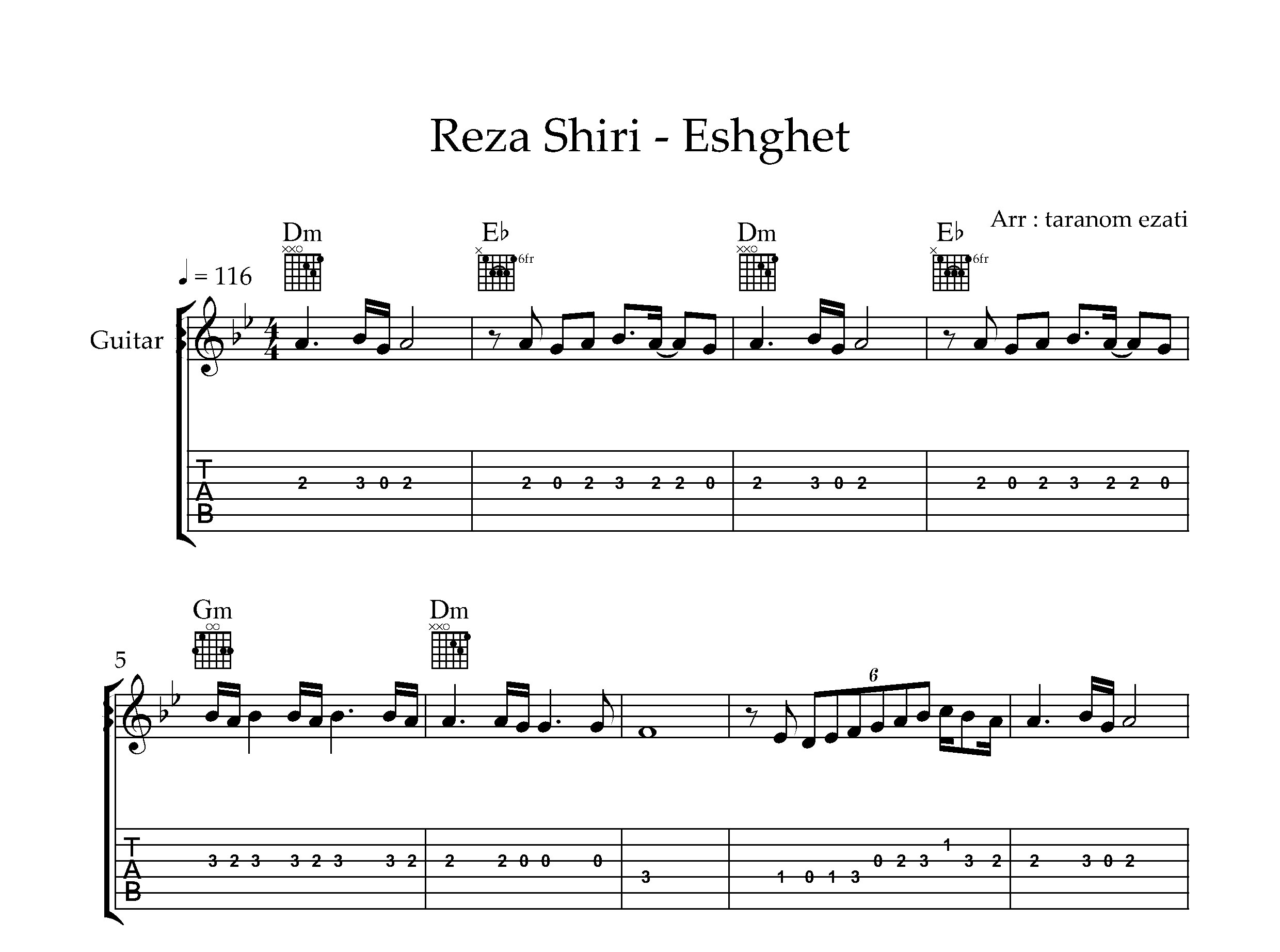 نت گیتار عشقه رضا شیری به همراه تبلچر و آکورد