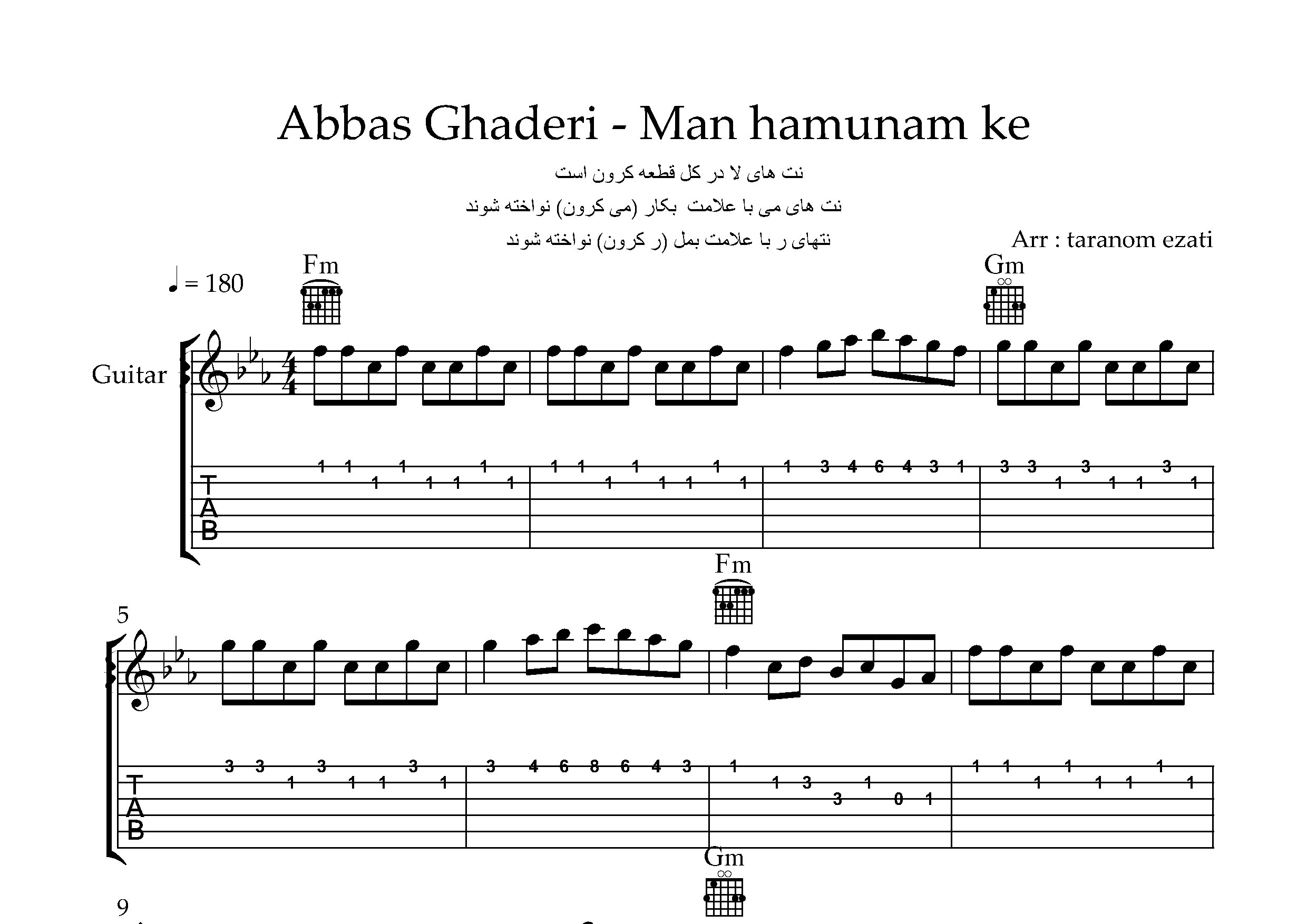 نت گیتار من همونم که نازنینت بودم عباس قادری به همراه تبلچر و آکورد