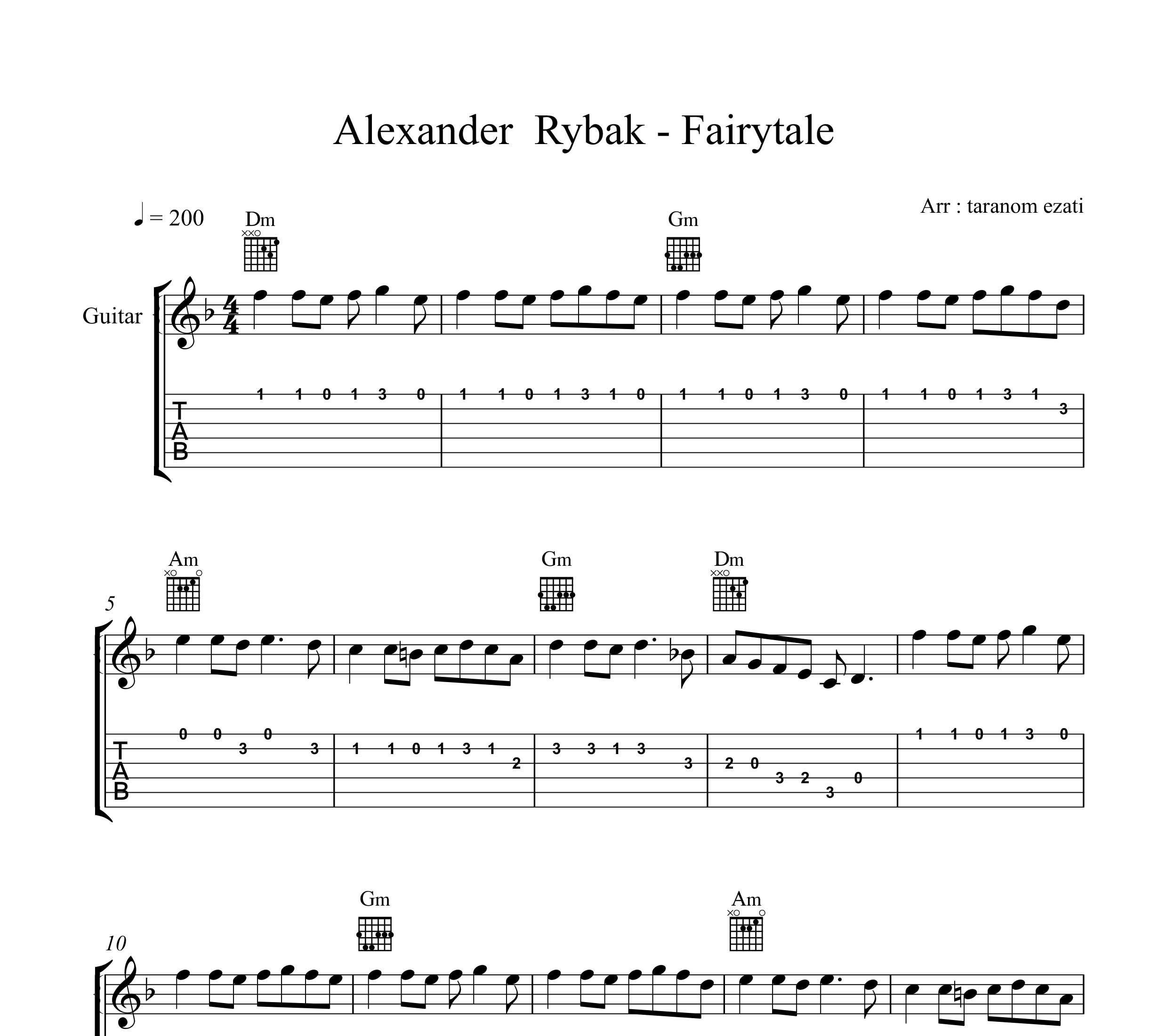 نت گیتار fairytale از alexander rybak الکساندر ریباک به همراه تبلچر و آکورد