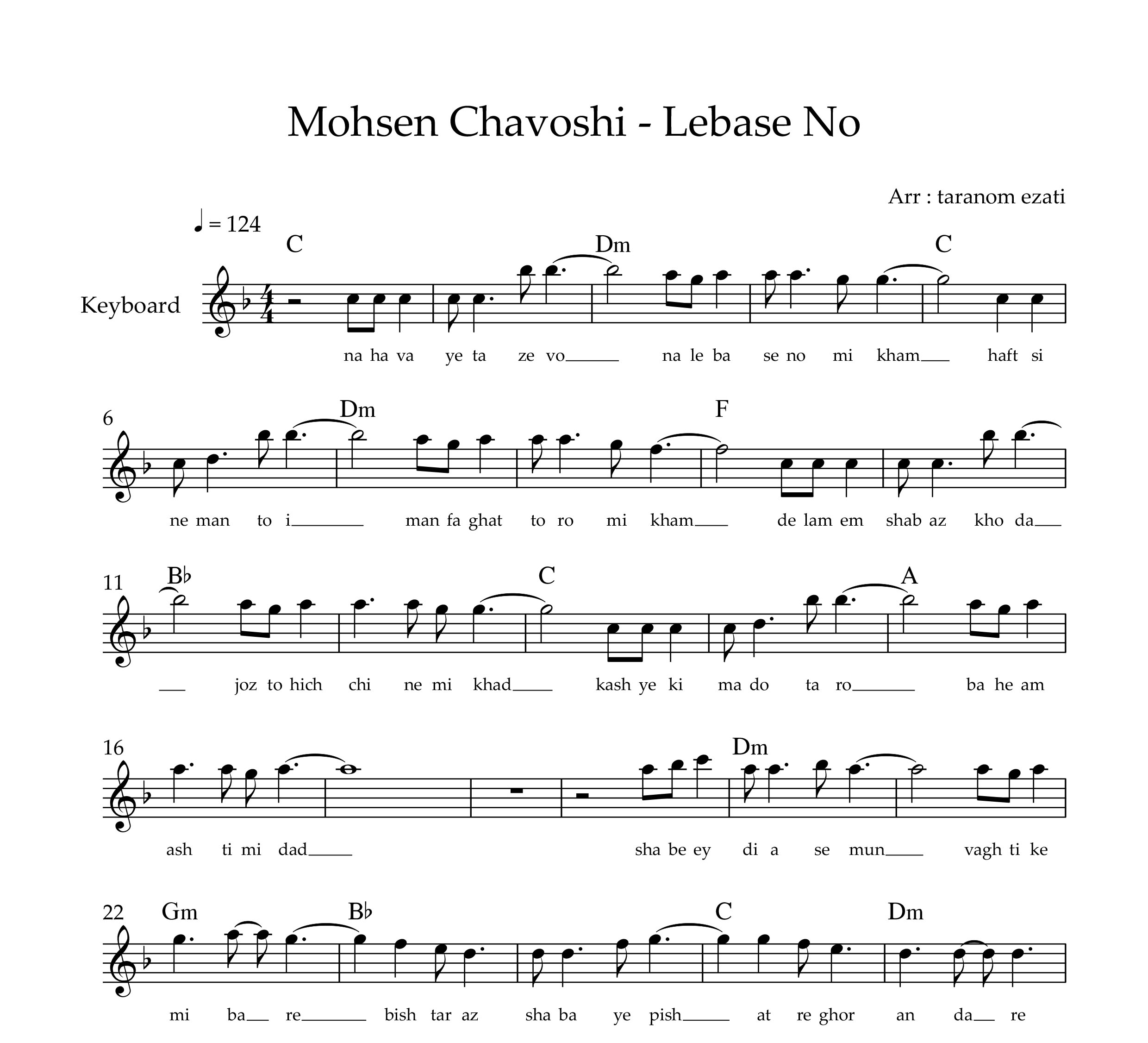 نت کیبورد لباس نو محسن چاوشی به همراه آکورد
