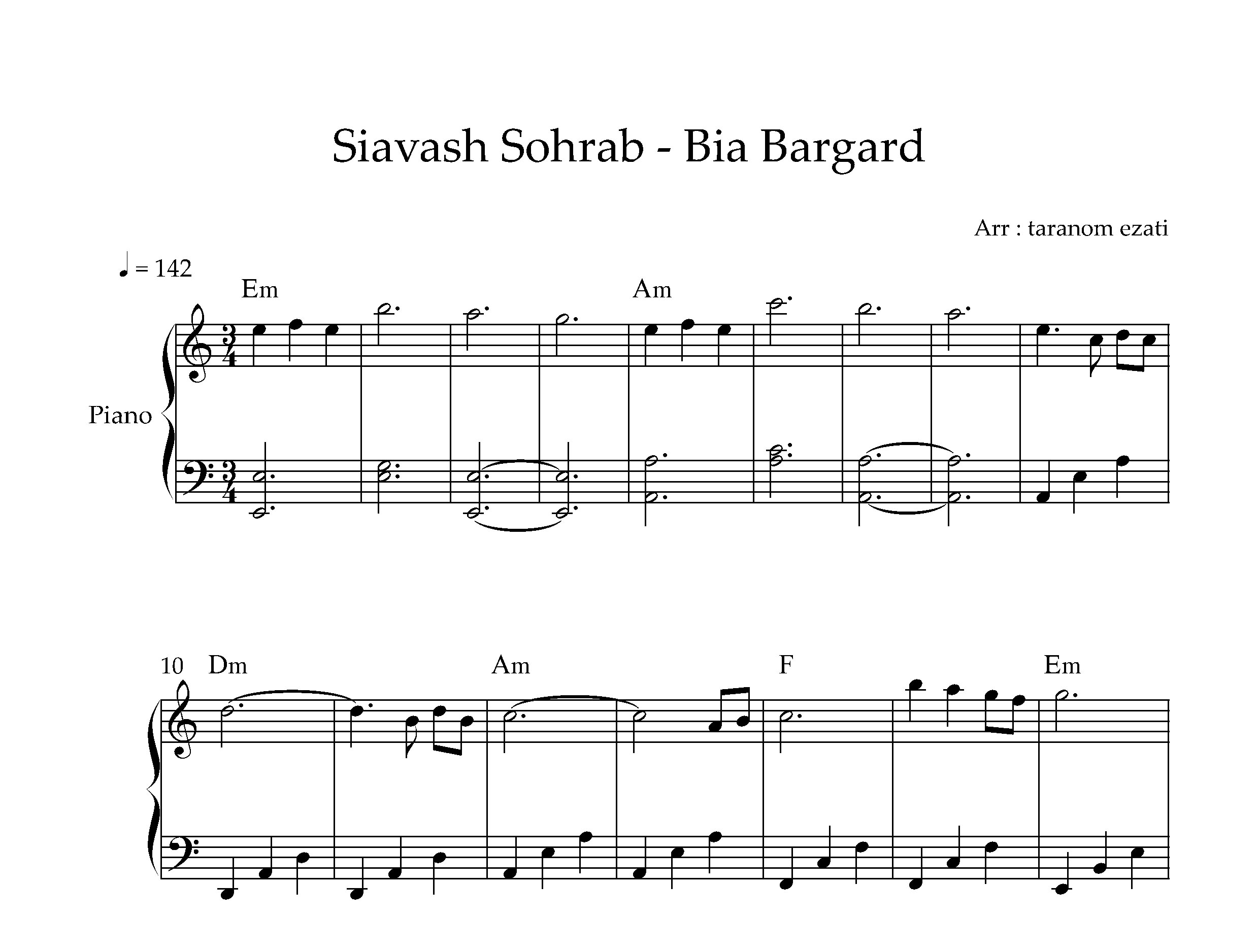 نت پیانو بیا برگرد سیاوش سهراب