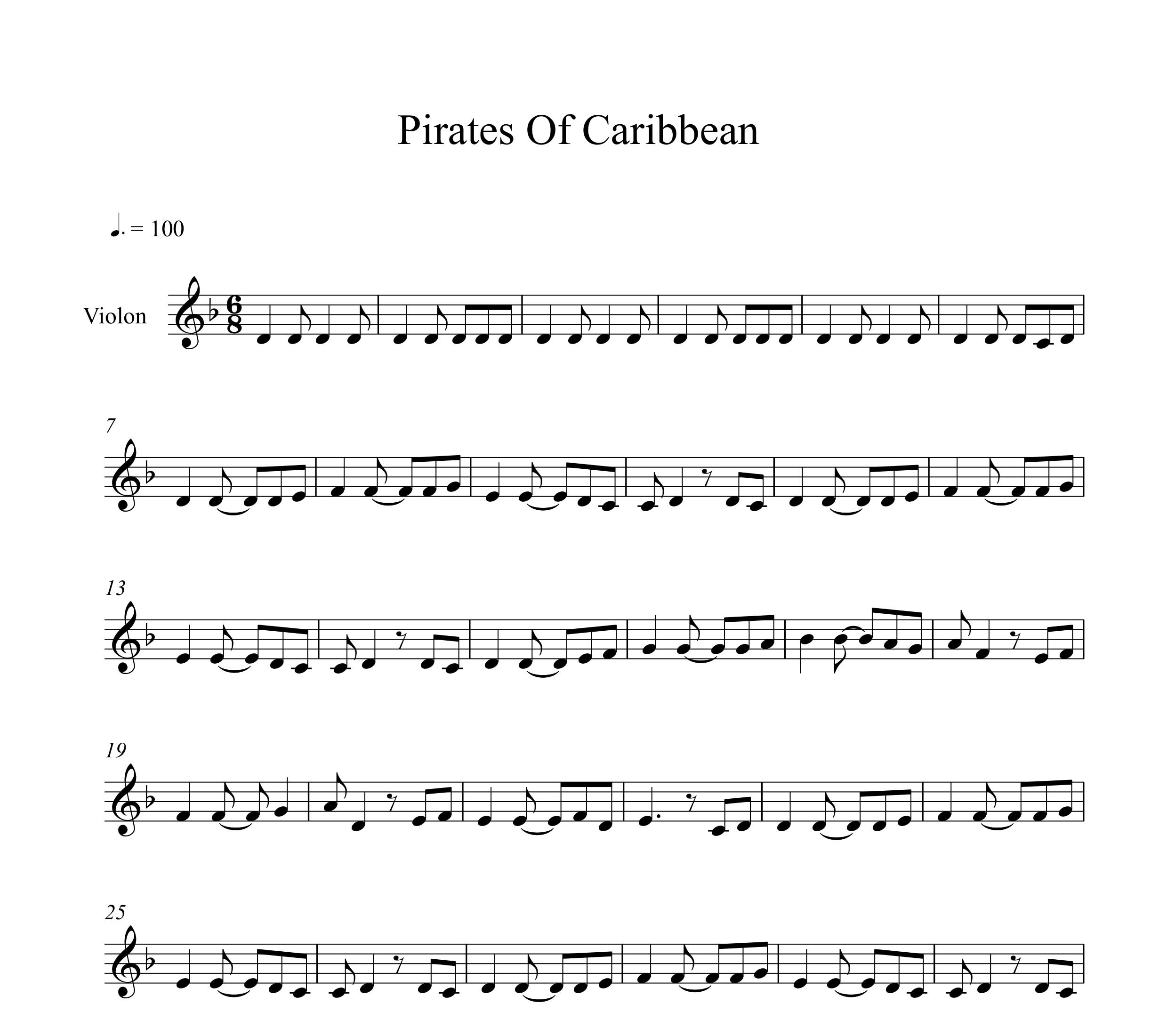 نت ویولن دزدان دریایی کارائیب pirates of the caribbean