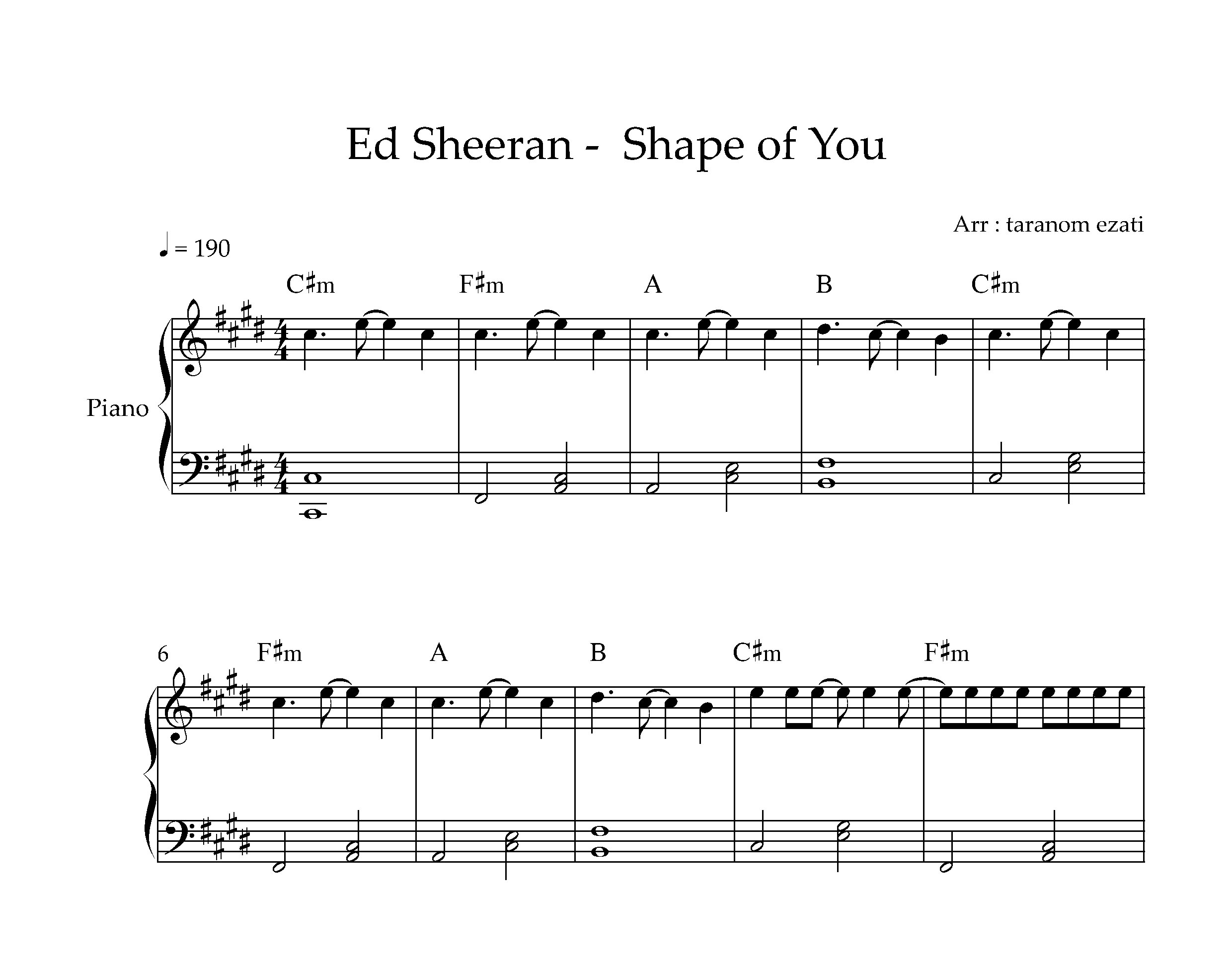نت پیانو Shape of You از Ed Sheeran