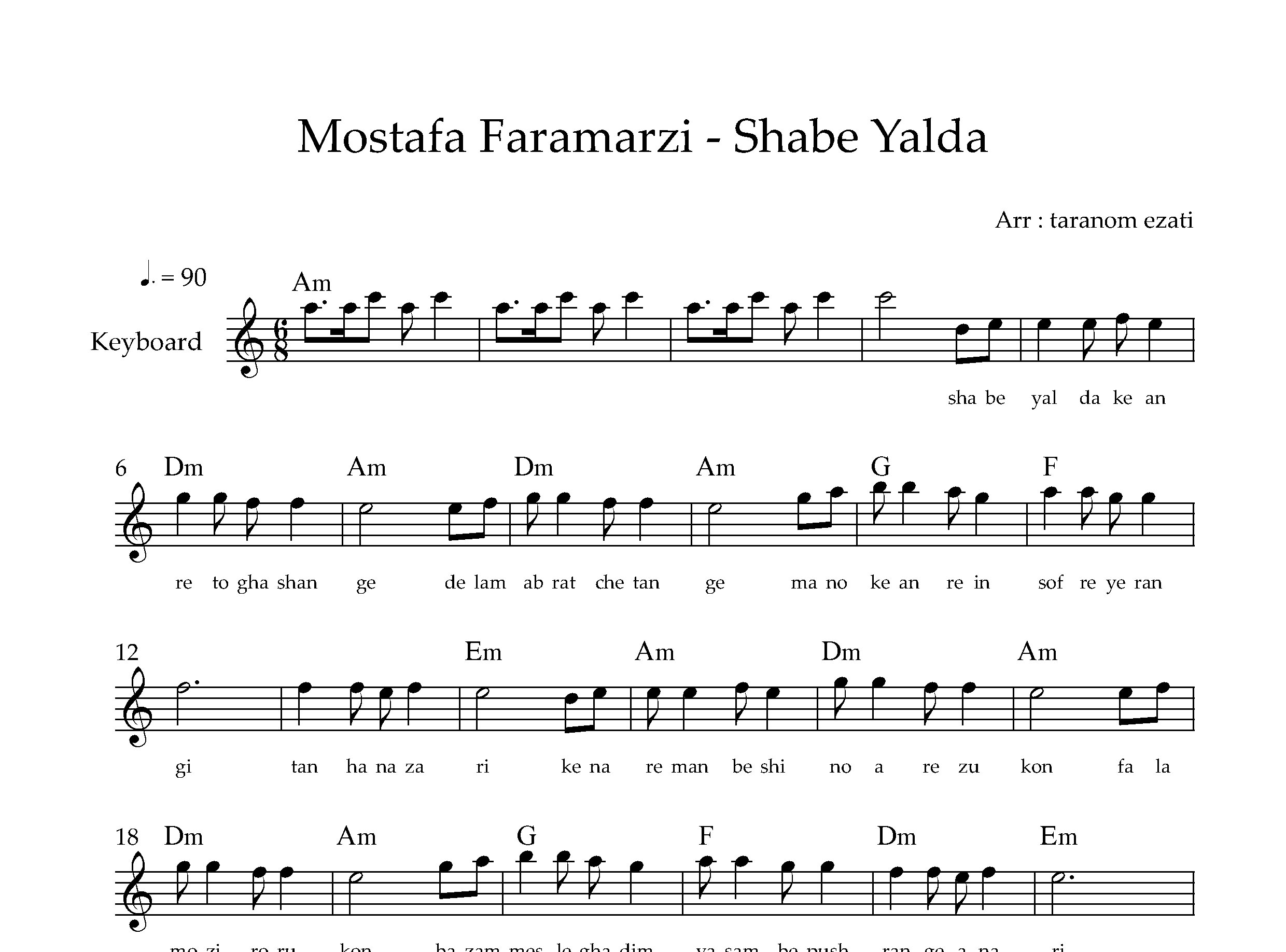 نت کیبورد شب یلدا مصطفی فرامرزی به همراه آکورد