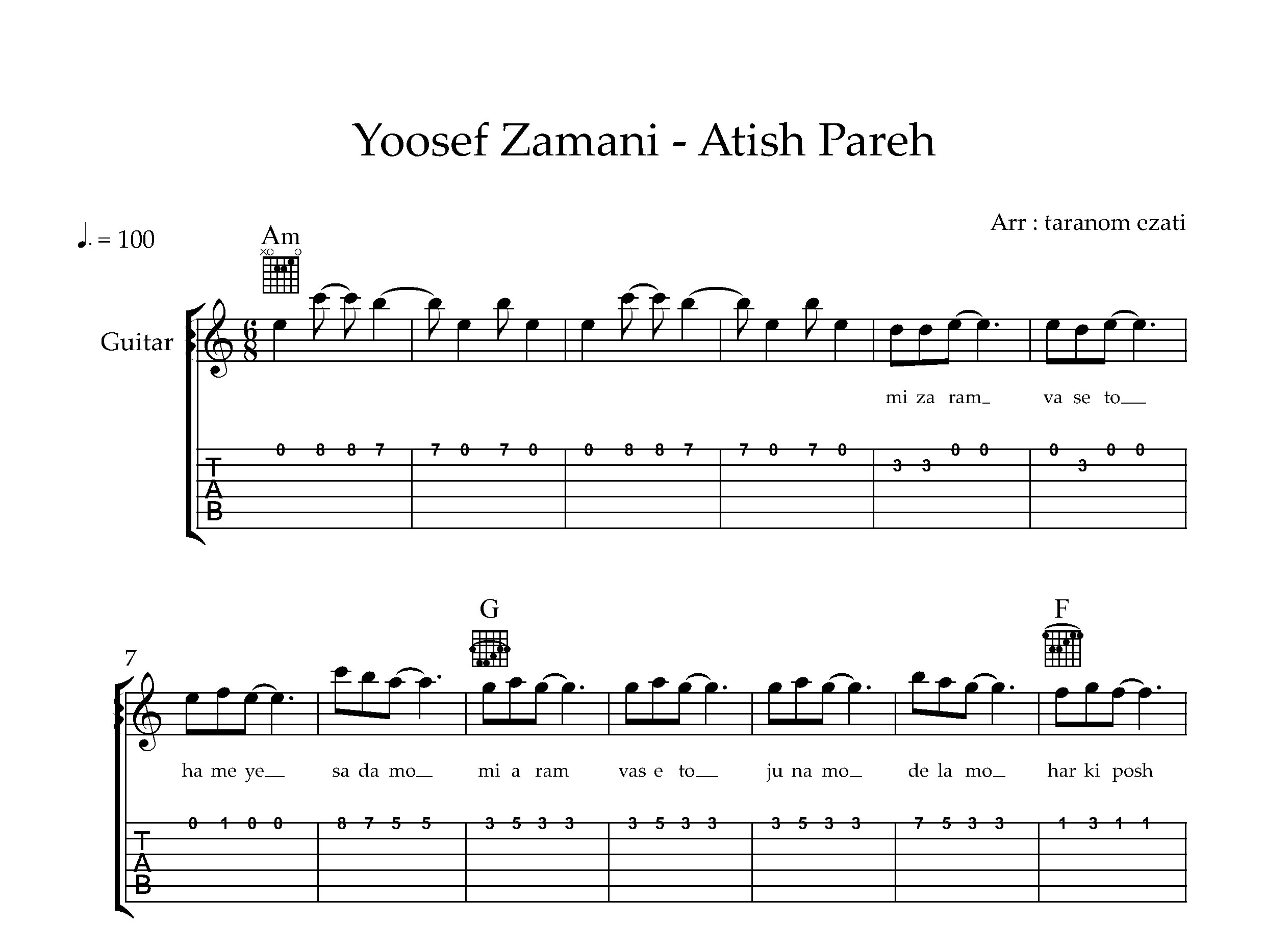 نت گیتار آتیش پاره یوسف زمانی به همراه تبلچر و آکورد
