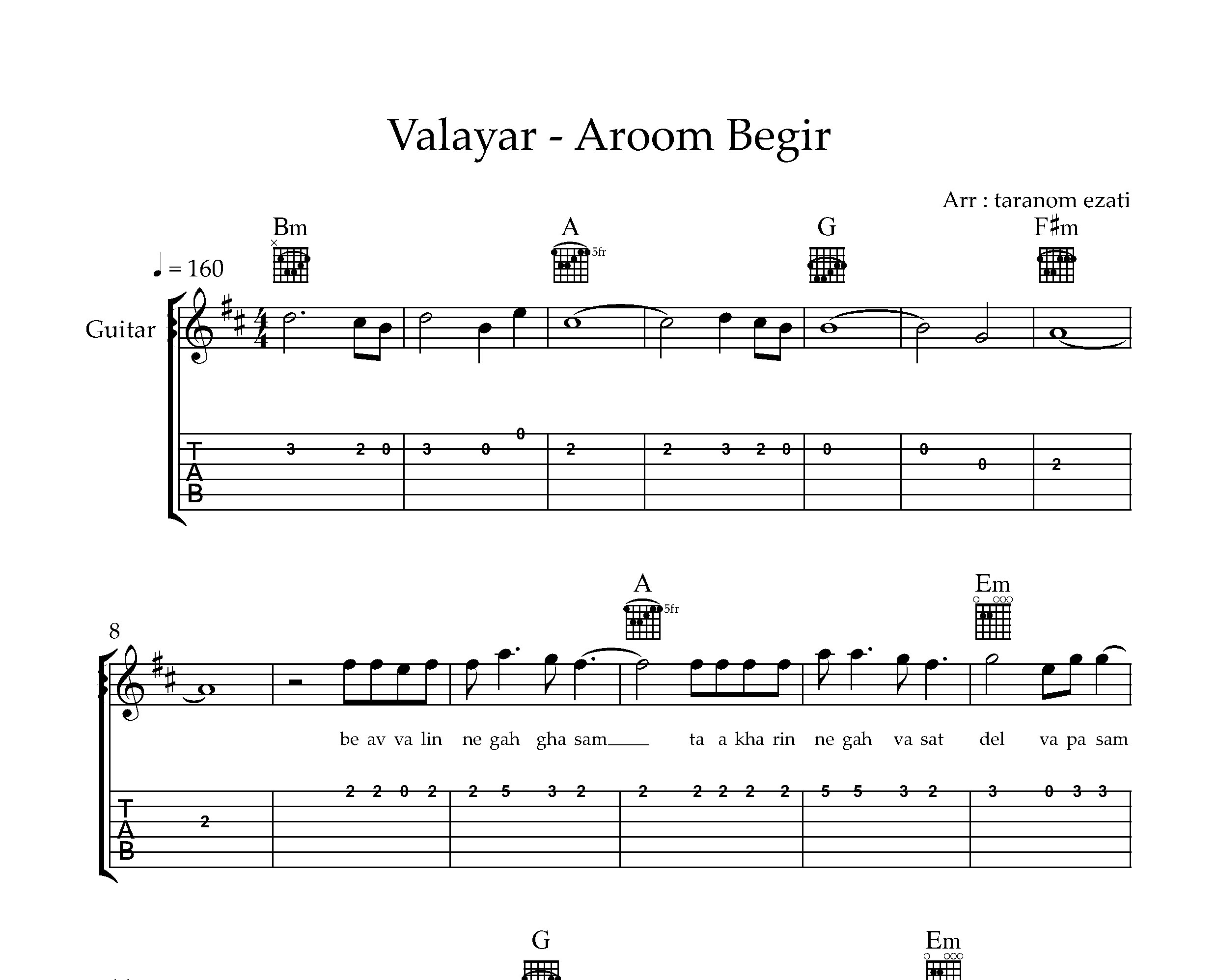 نت گیتار آروم بگیر والایار به همراه تبلچر و آکورد
