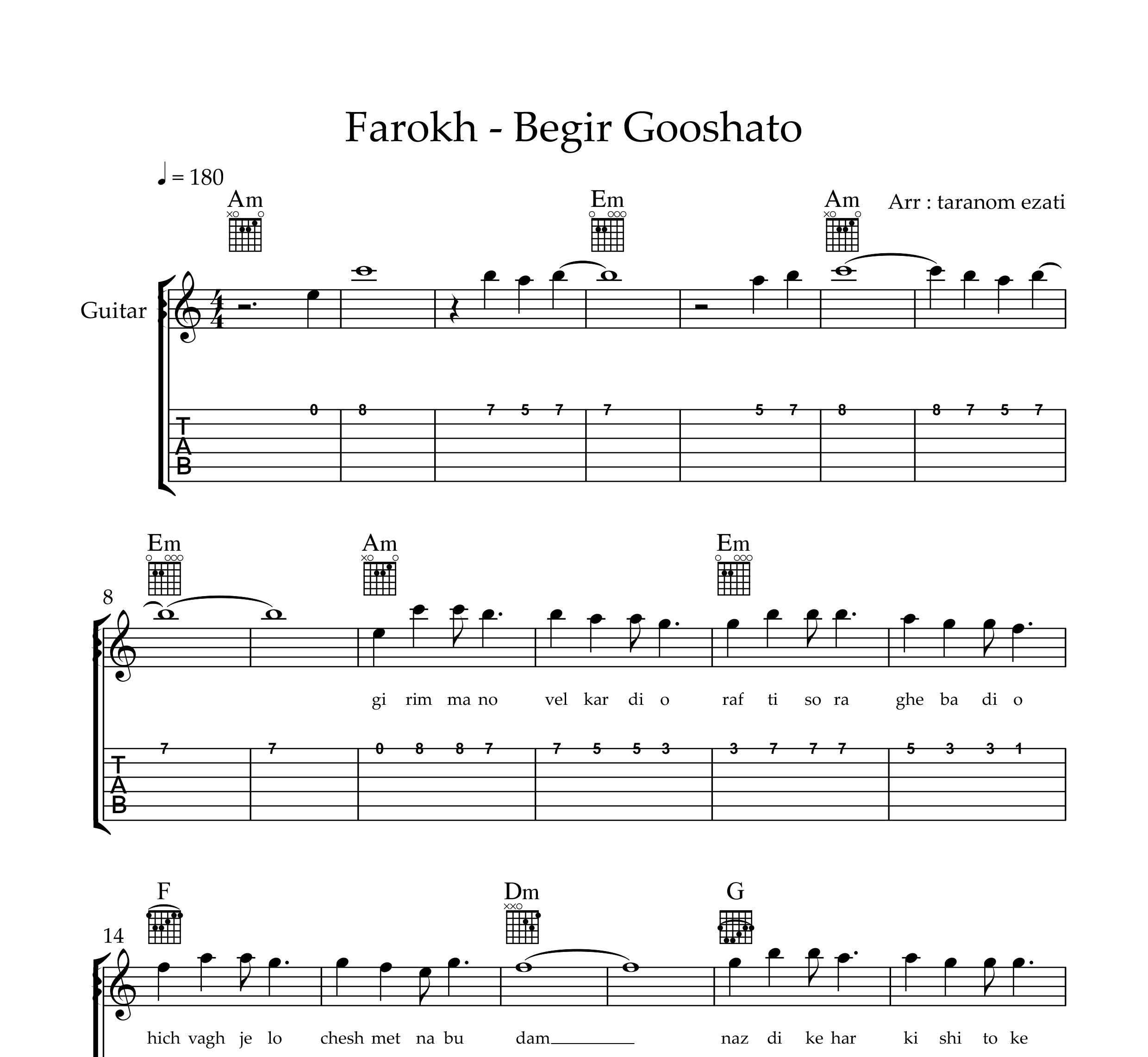 نت گیتار بگیر گوشاتو فرخ به همراه تبلچر و آکورد
