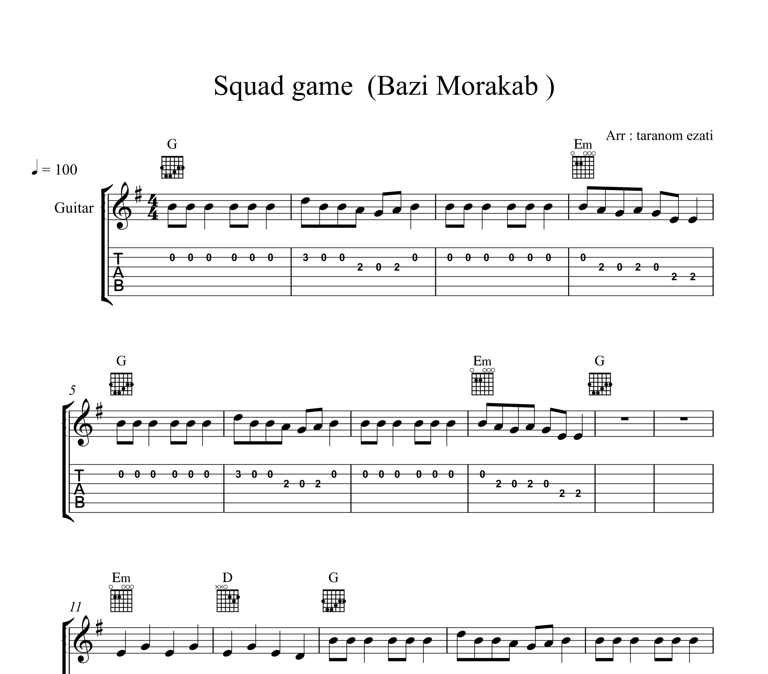 نت گیتار موسیقی متن سریال بازی مرکب squad game به همراه تبلچر و آکورد