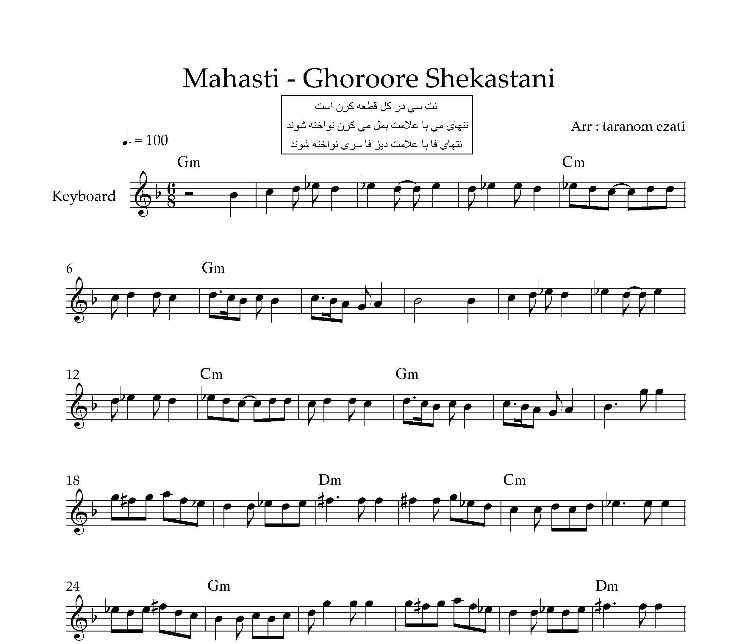 نت کیبورد غرور شکستنی مهستی به همراه آکورد