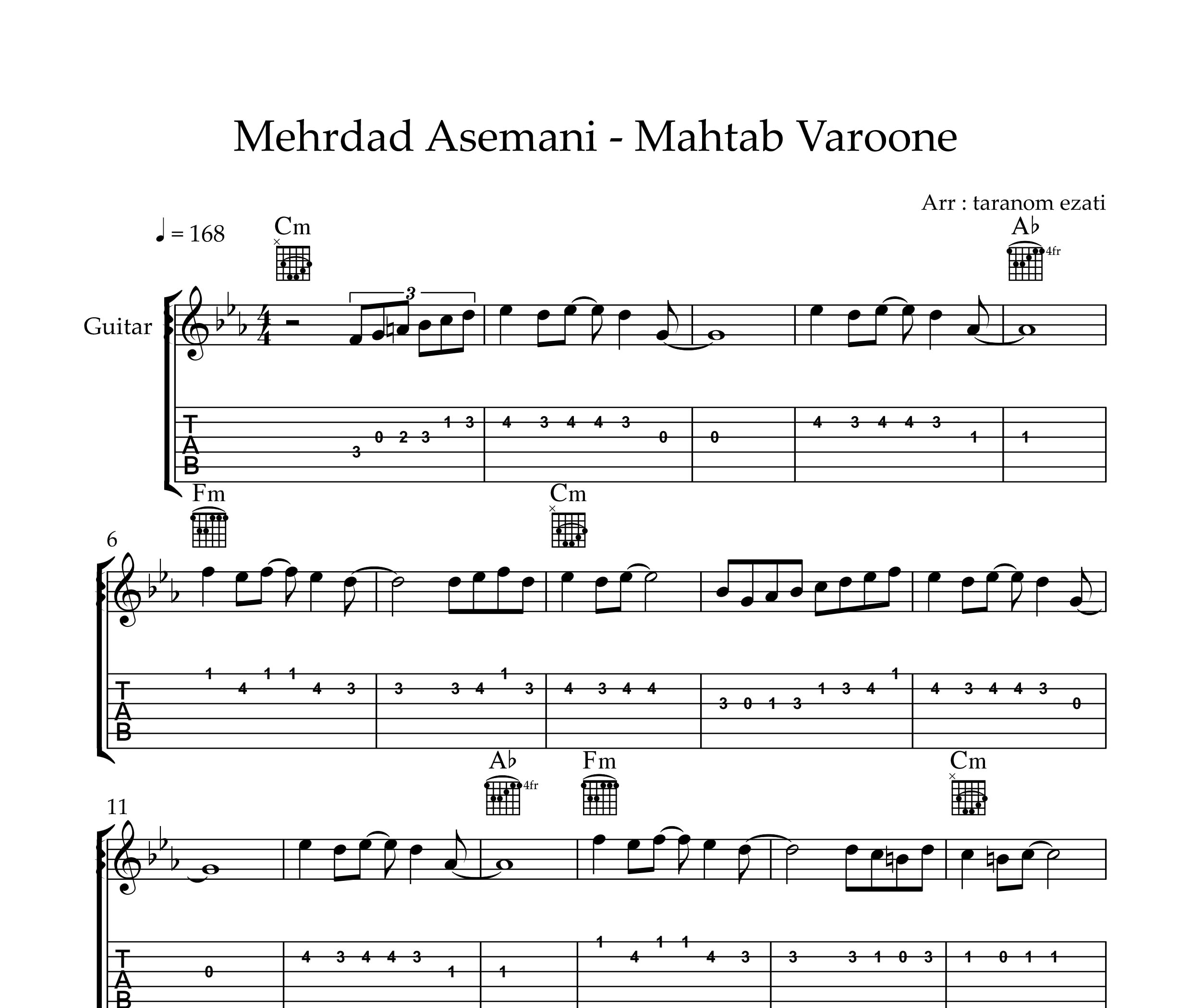 نت گیتار مهتاب وارونه مهرداد آسمانی به همراه تبلچر و آکورد