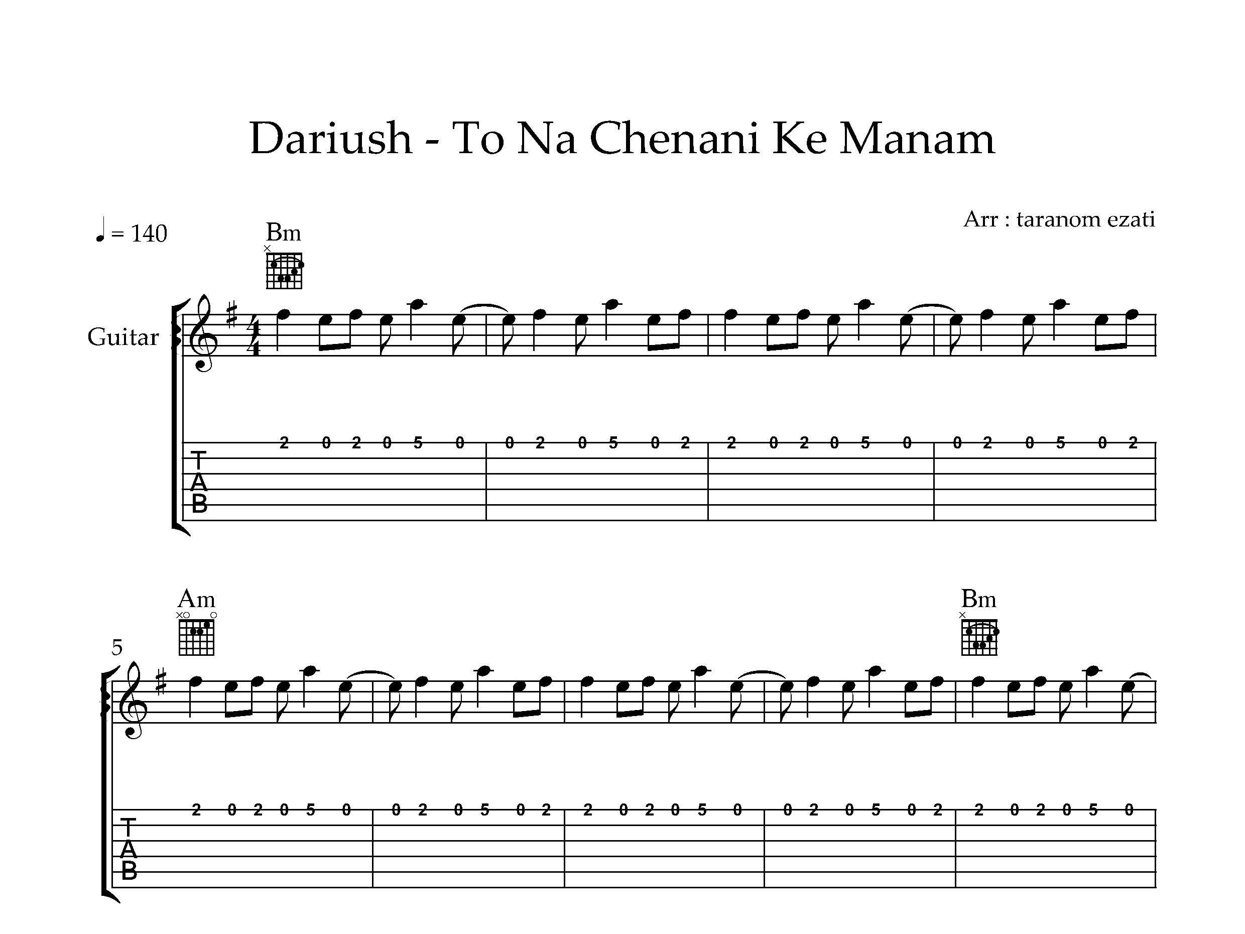 نت گیتار تو نه چنانی که منم داریوش به همراه تبلچر و آکورد