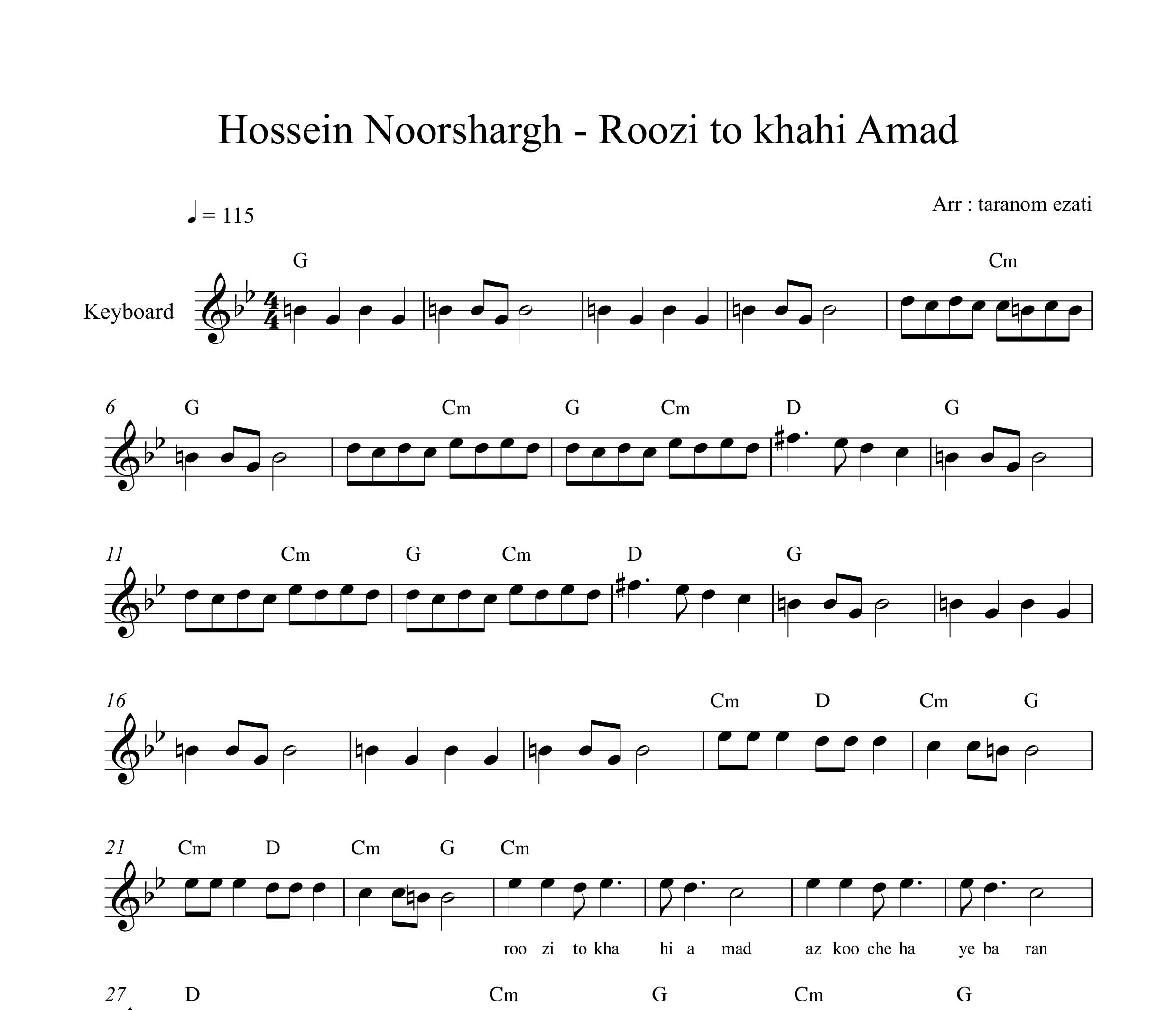 نت کیبورد روزی تو خواهی آمد حسین نورشرق به همراه آکورد