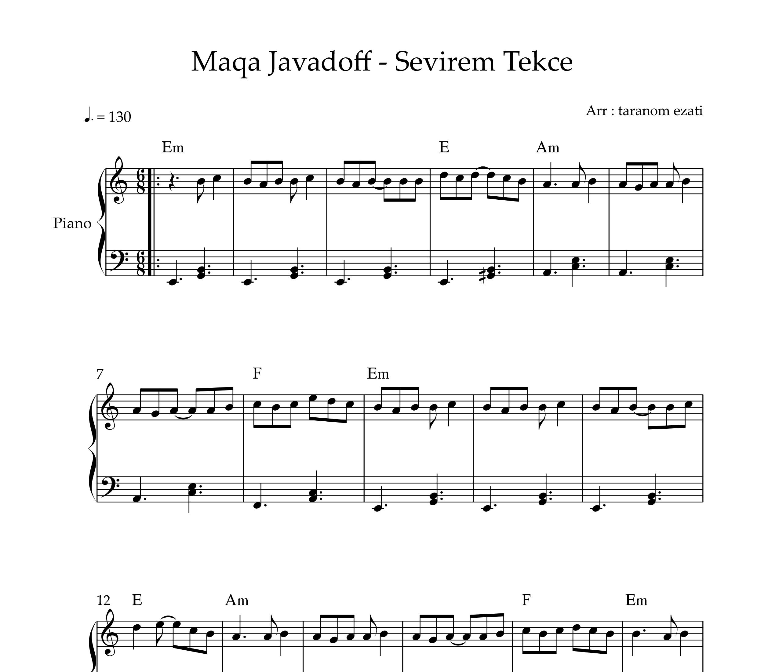 نت پیانو sevirem tekce از maqa javadoff