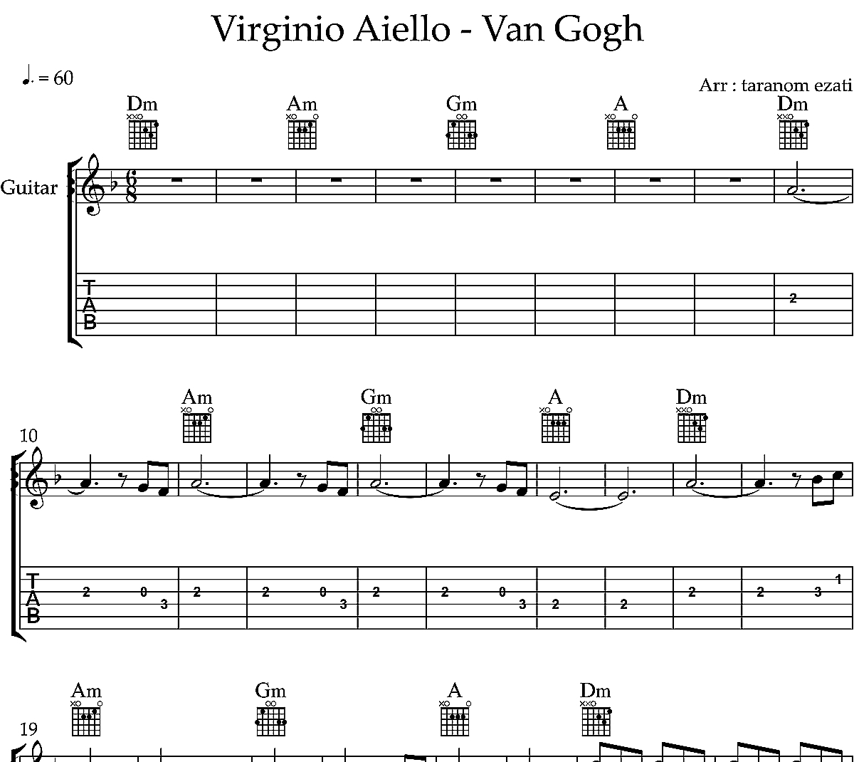 نت گیتار Van Gogh ونگوگ Virginio Aiello به همراه تبلچر و آکورد