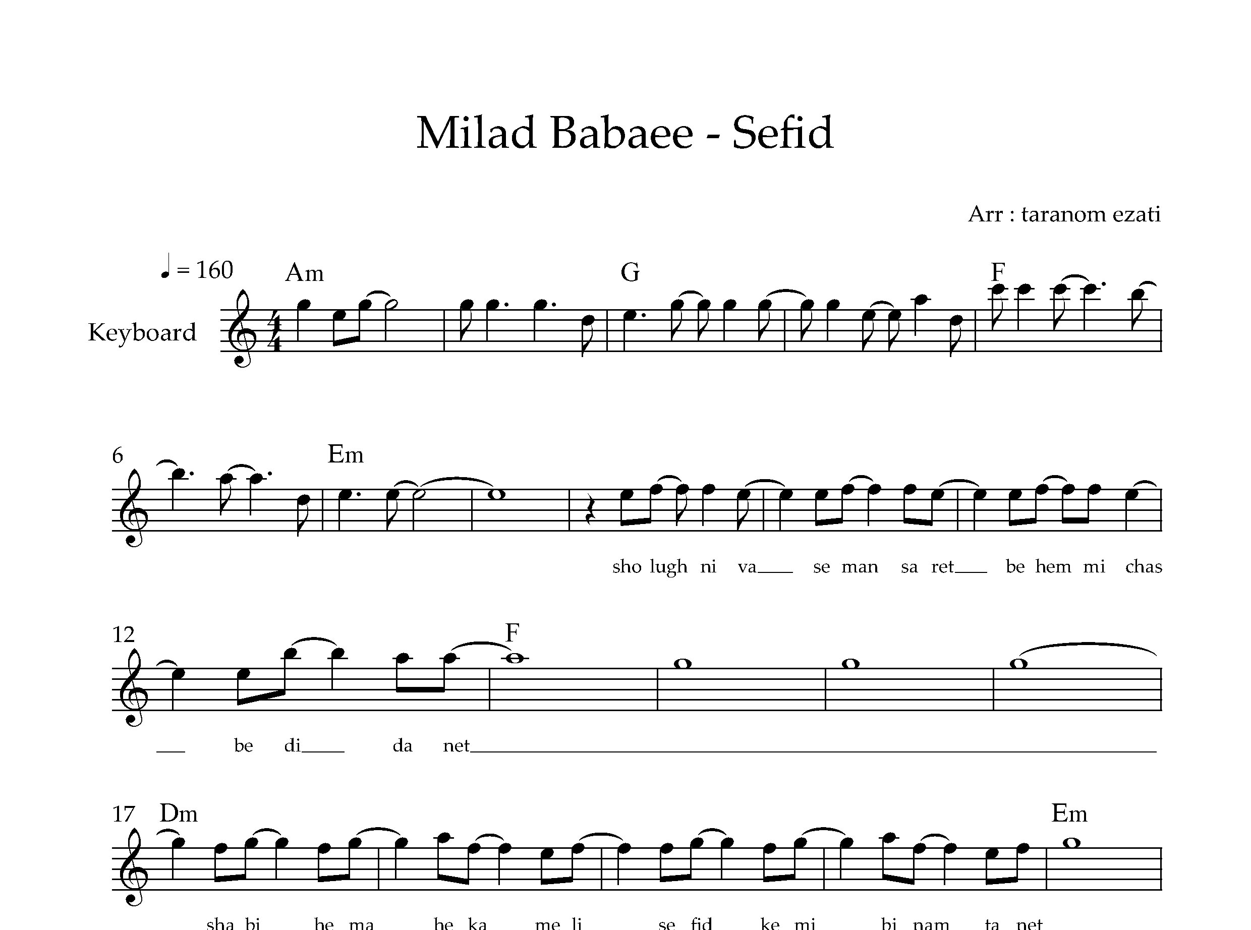 نت کیبورد سفید میلاد بابایی به همراه آکورد