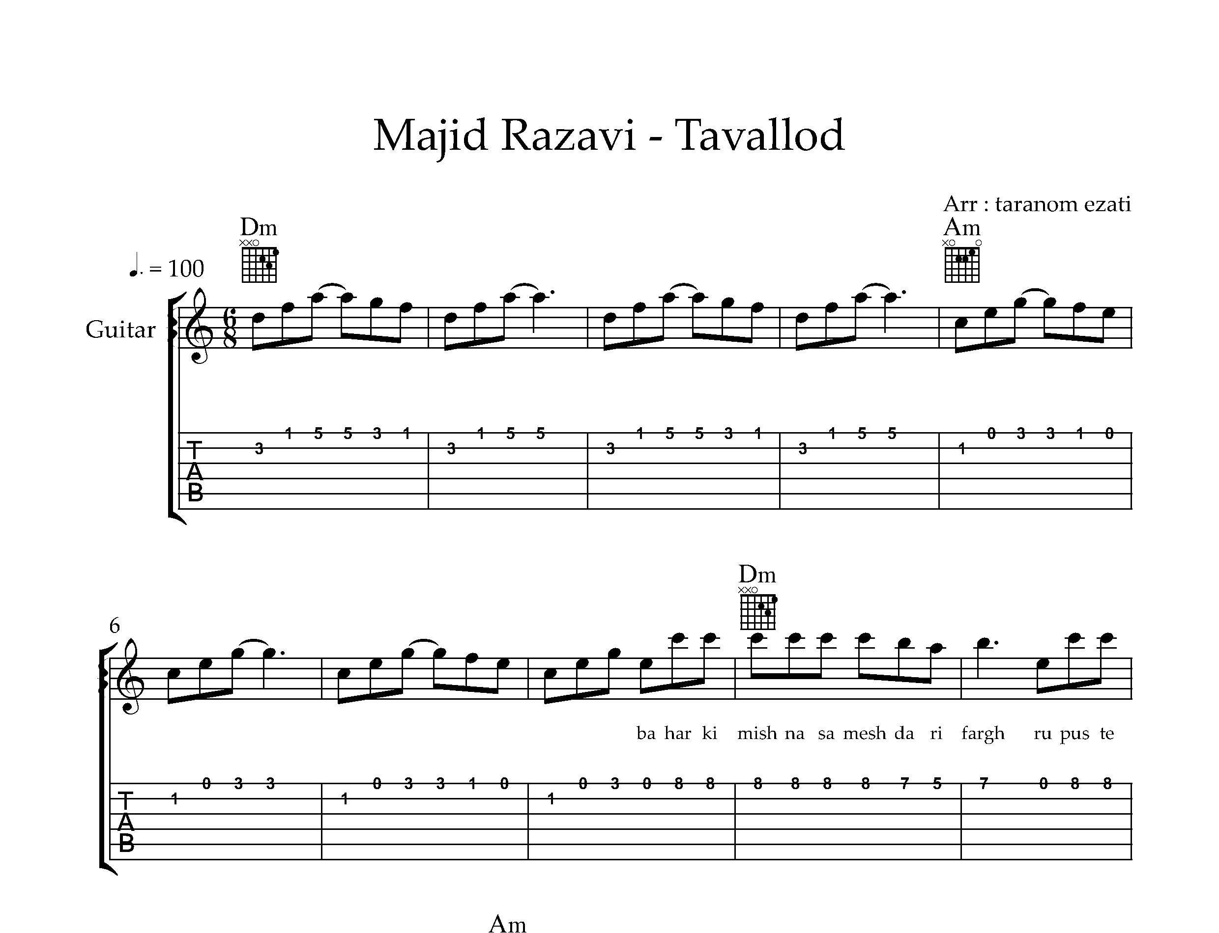 نت گیتار تولد مجید رضوی به همراه تبلچر و آکورد