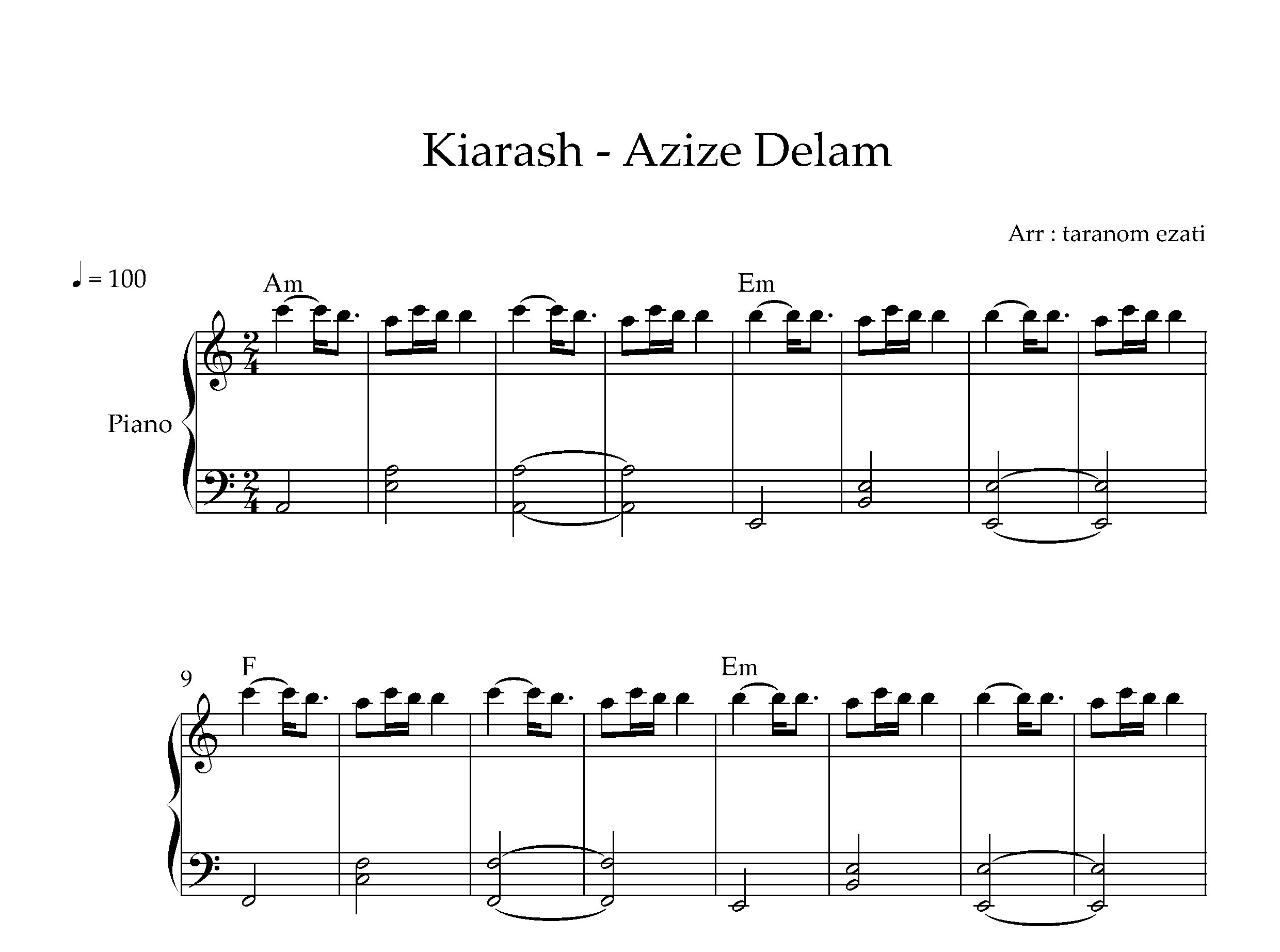 نت پیانو عزیز دلم کیارش