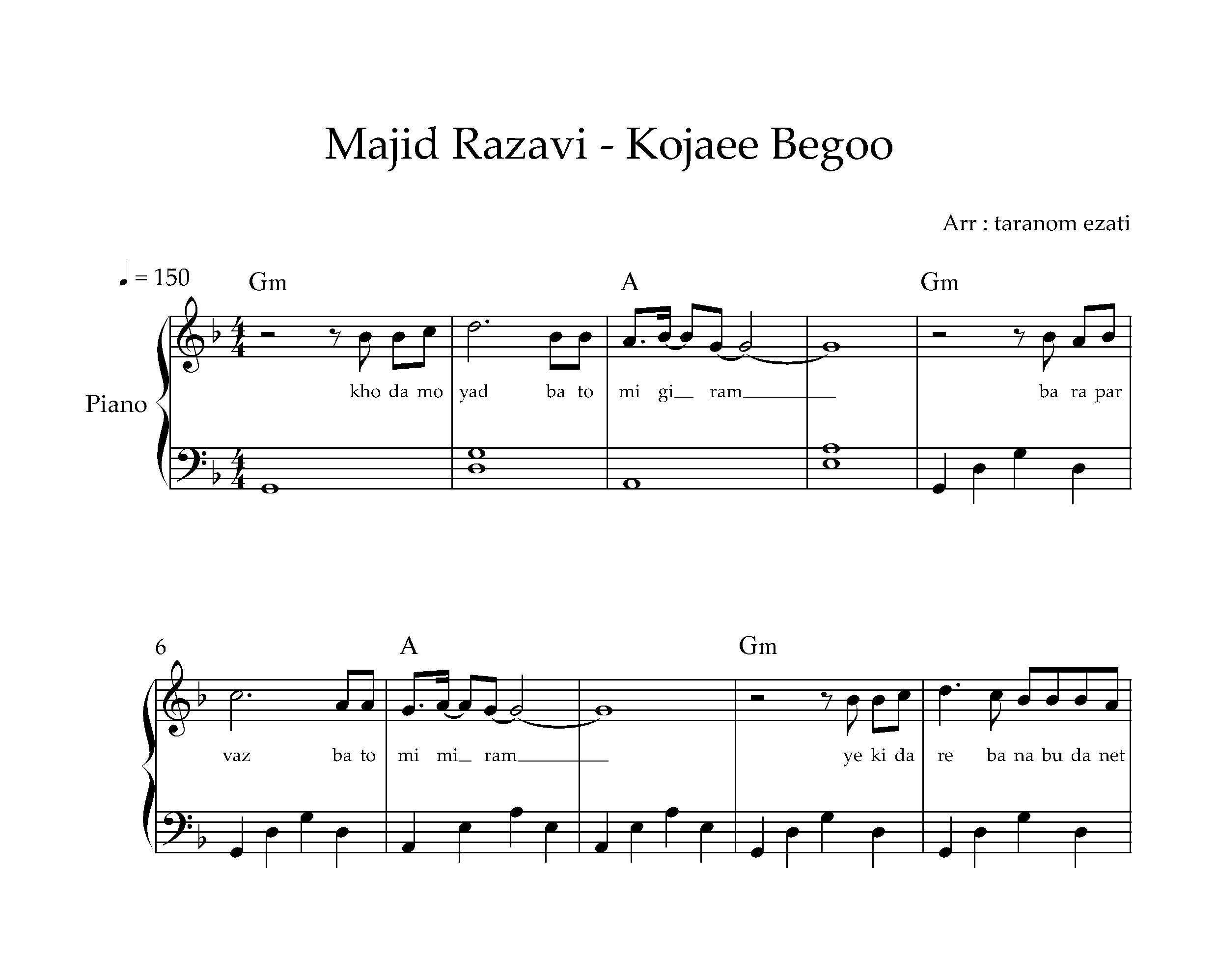 نت پیانو کجایی بگو مجید رضوی