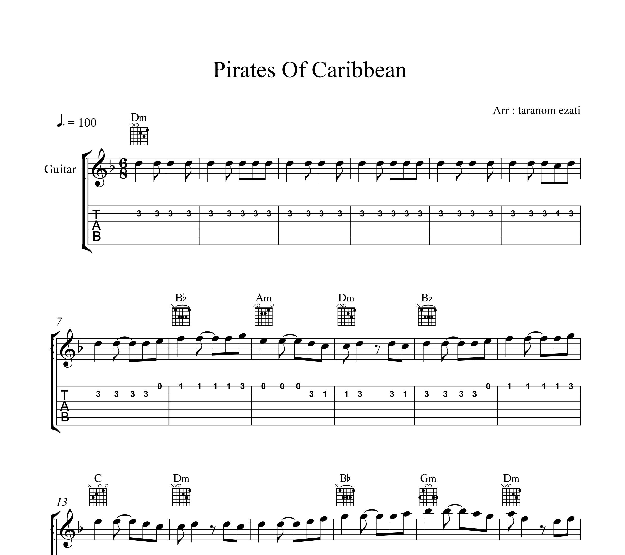 نت گیتار دزدان دریایی کارائیب pirates of the caribbean به همراه تبلچر و آکورد