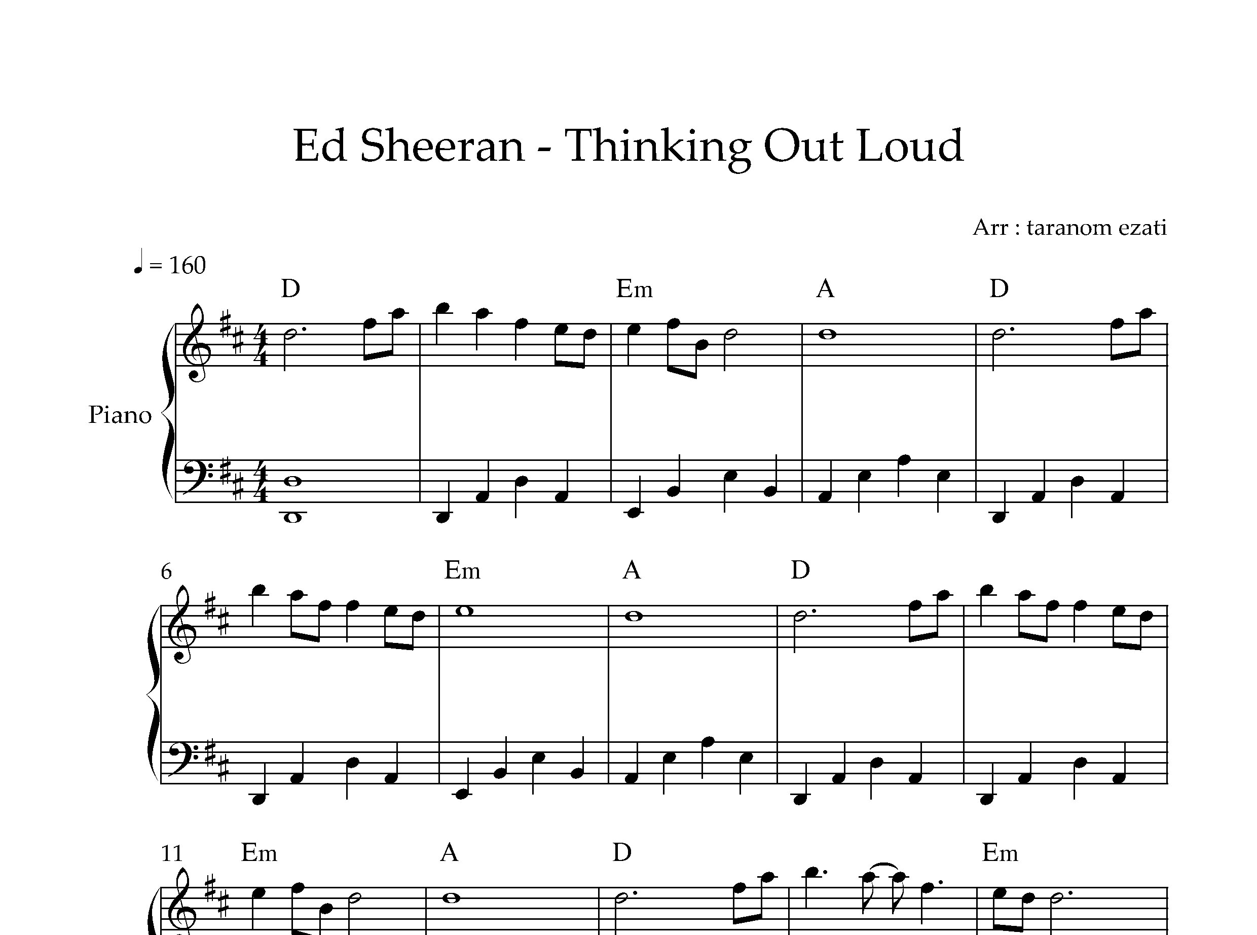 نت پیانو Thinking Out Loud از Ed Sheeran